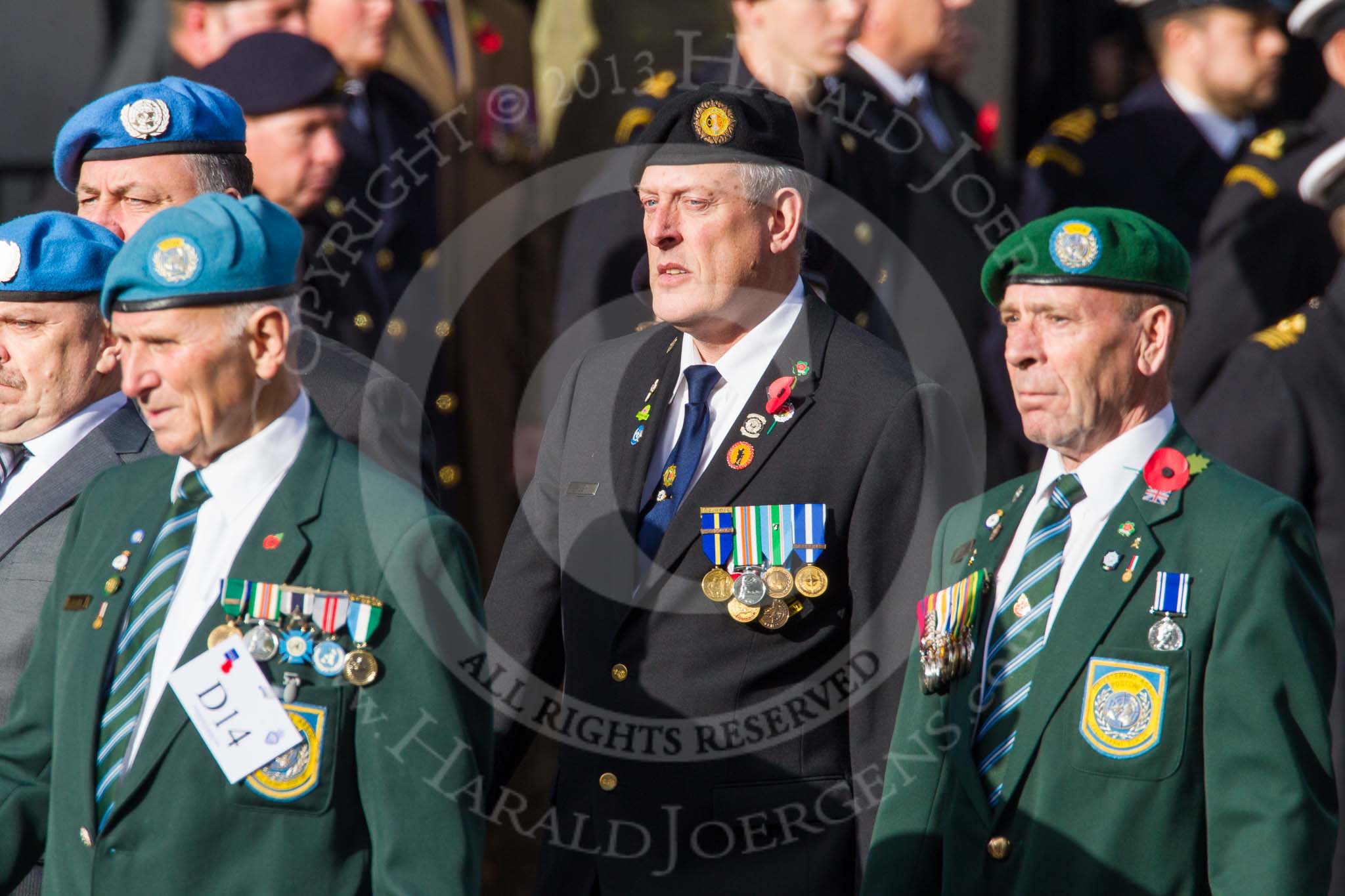 Remembrance Sunday at the Cenotaph in London 2014: Group D14 - Irish United Nations Veterans Association.
Press stand opposite the Foreign Office building, Whitehall, London SW1,
London,
Greater London,
United Kingdom,
on 09 November 2014 at 11:45, image #375