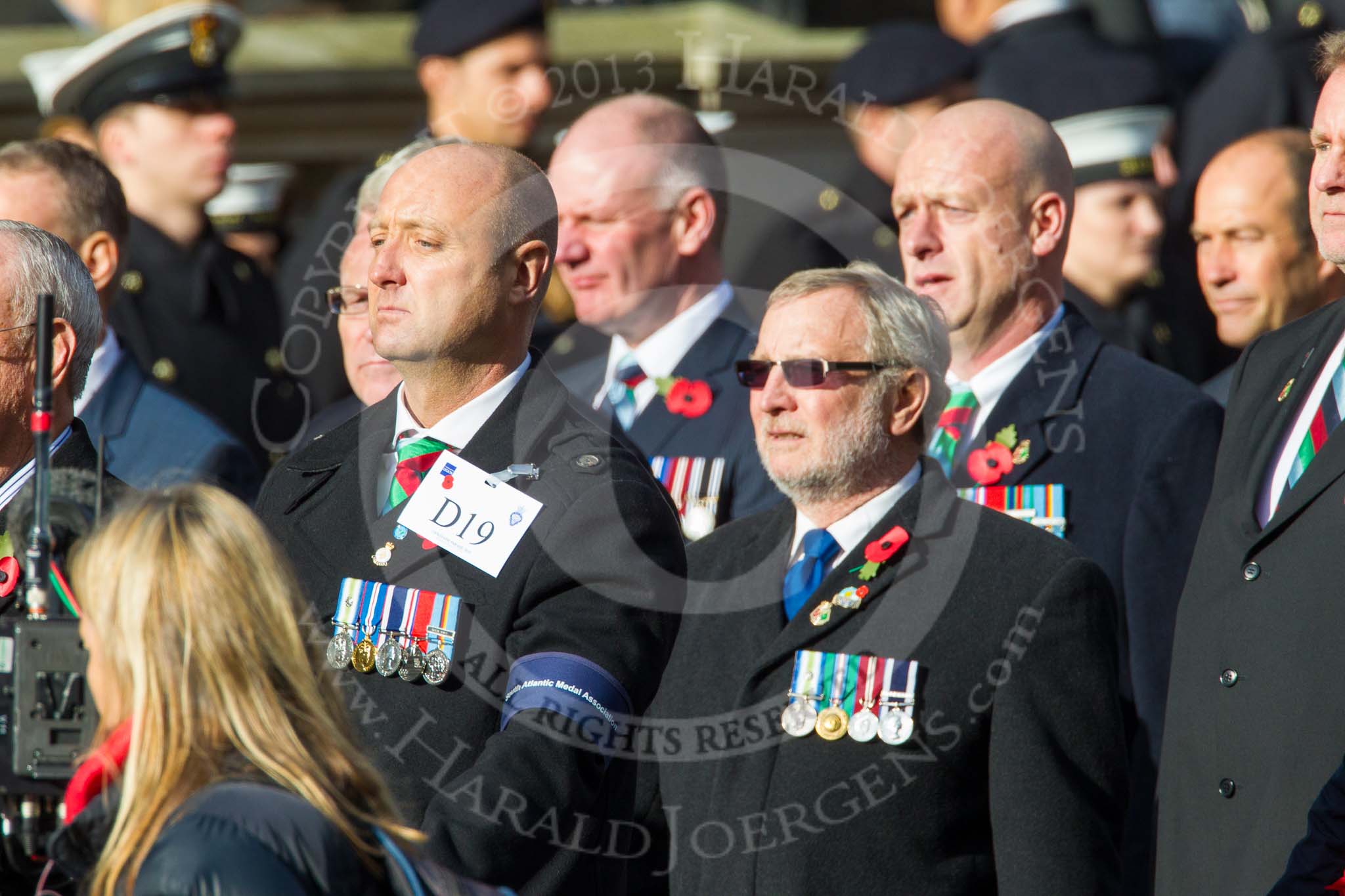 Remembrance Sunday at the Cenotaph in London 2014: Group D19 - South Atlantic Medal Association.
Press stand opposite the Foreign Office building, Whitehall, London SW1,
London,
Greater London,
United Kingdom,
on 09 November 2014 at 11:45, image #384