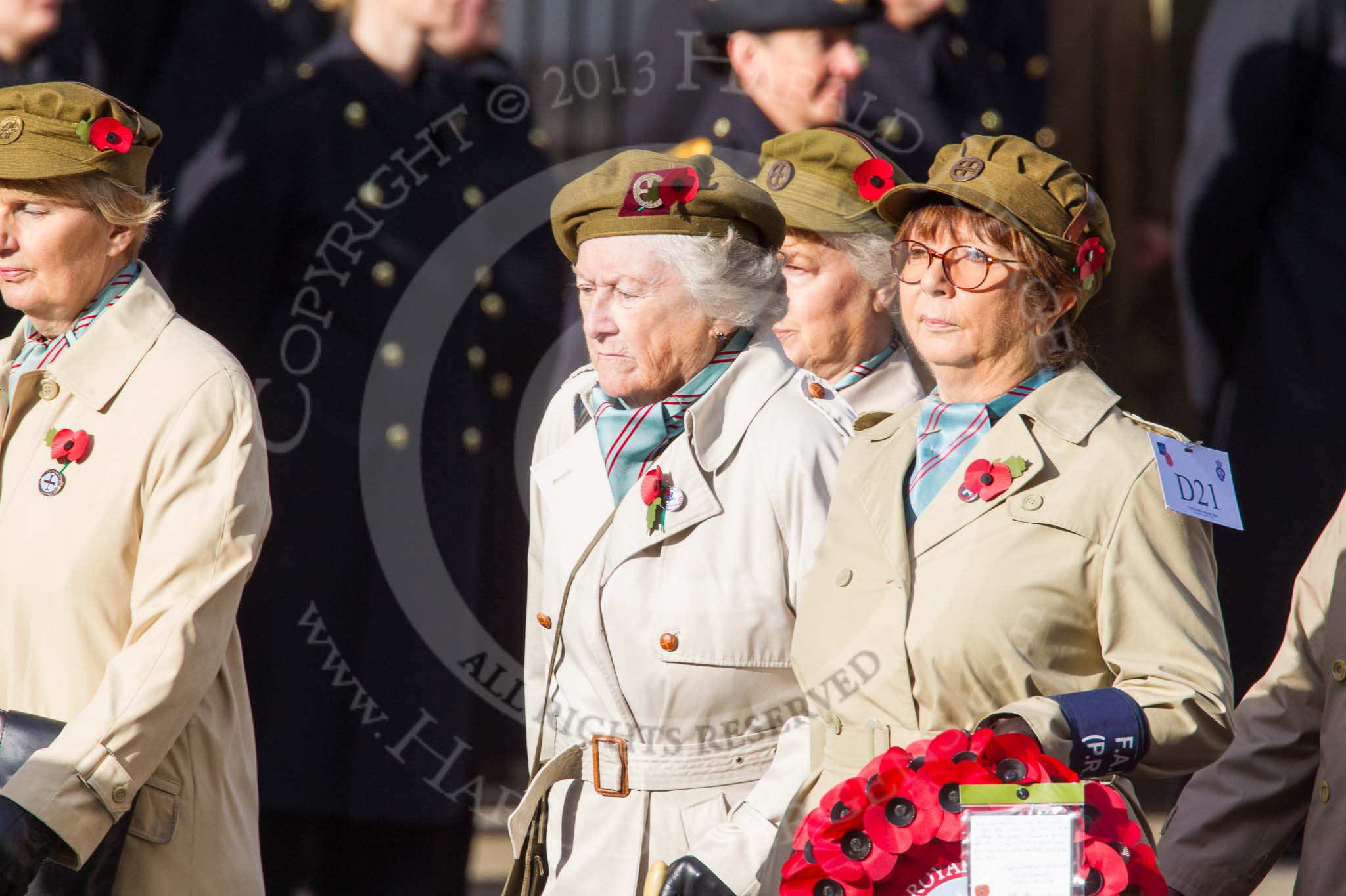 Remembrance Sunday at the Cenotaph in London 2014: Group D21 - First Aid Nursing Yeomanry (Princess Royal's Volunteers
Corps).
Press stand opposite the Foreign Office building, Whitehall, London SW1,
London,
Greater London,
United Kingdom,
on 09 November 2014 at 11:46, image #412