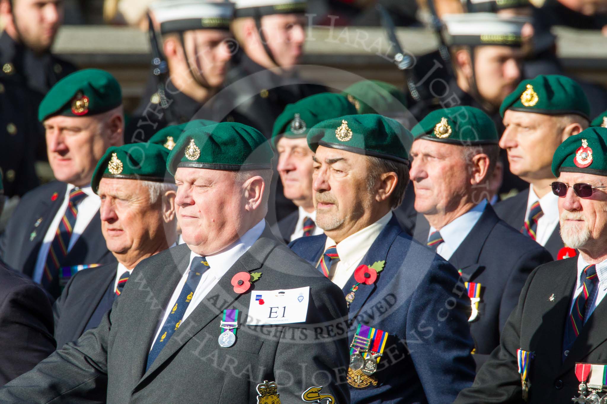 Remembrance Sunday at the Cenotaph in London 2014: Group E1 - Royal Marines Association.
Press stand opposite the Foreign Office building, Whitehall, London SW1,
London,
Greater London,
United Kingdom,
on 09 November 2014 at 11:49, image #531