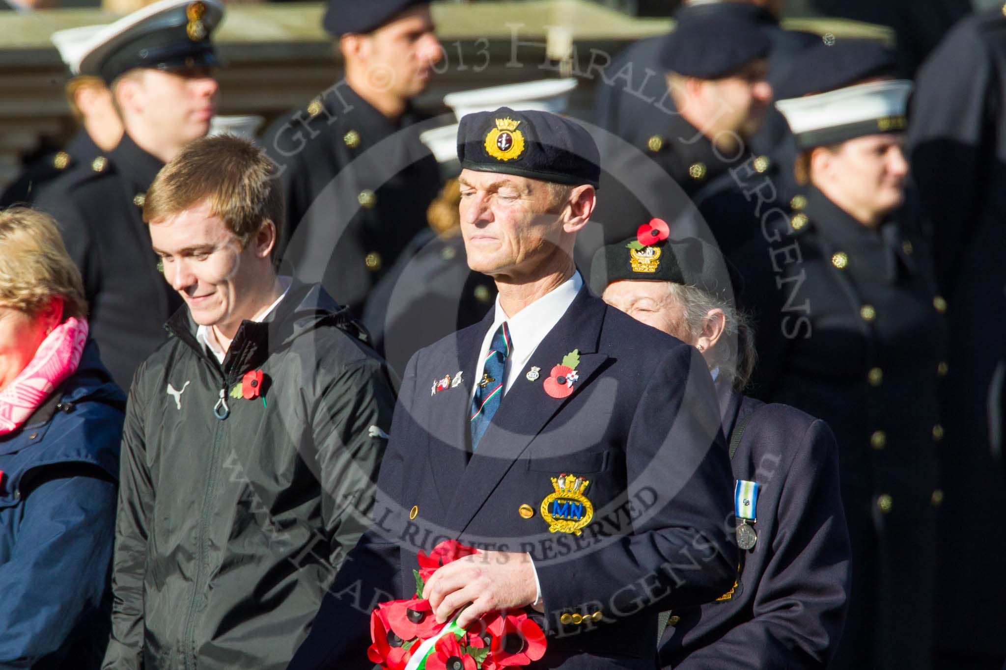 Remembrance Sunday at the Cenotaph in London 2014: Group E3 - Merchant Navy Association.
Press stand opposite the Foreign Office building, Whitehall, London SW1,
London,
Greater London,
United Kingdom,
on 09 November 2014 at 11:50, image #611