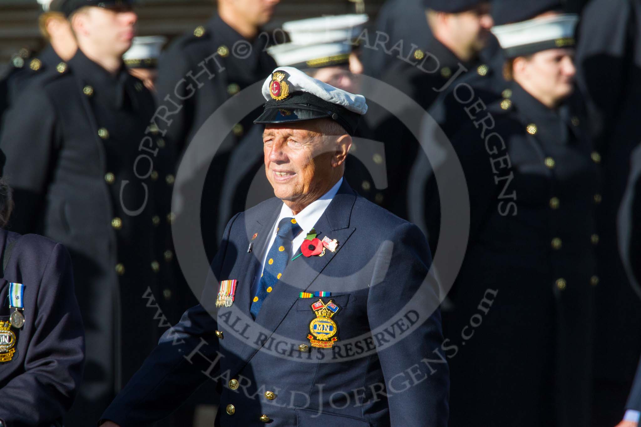 Remembrance Sunday at the Cenotaph in London 2014: Group E3 - Merchant Navy Association.
Press stand opposite the Foreign Office building, Whitehall, London SW1,
London,
Greater London,
United Kingdom,
on 09 November 2014 at 11:50, image #613