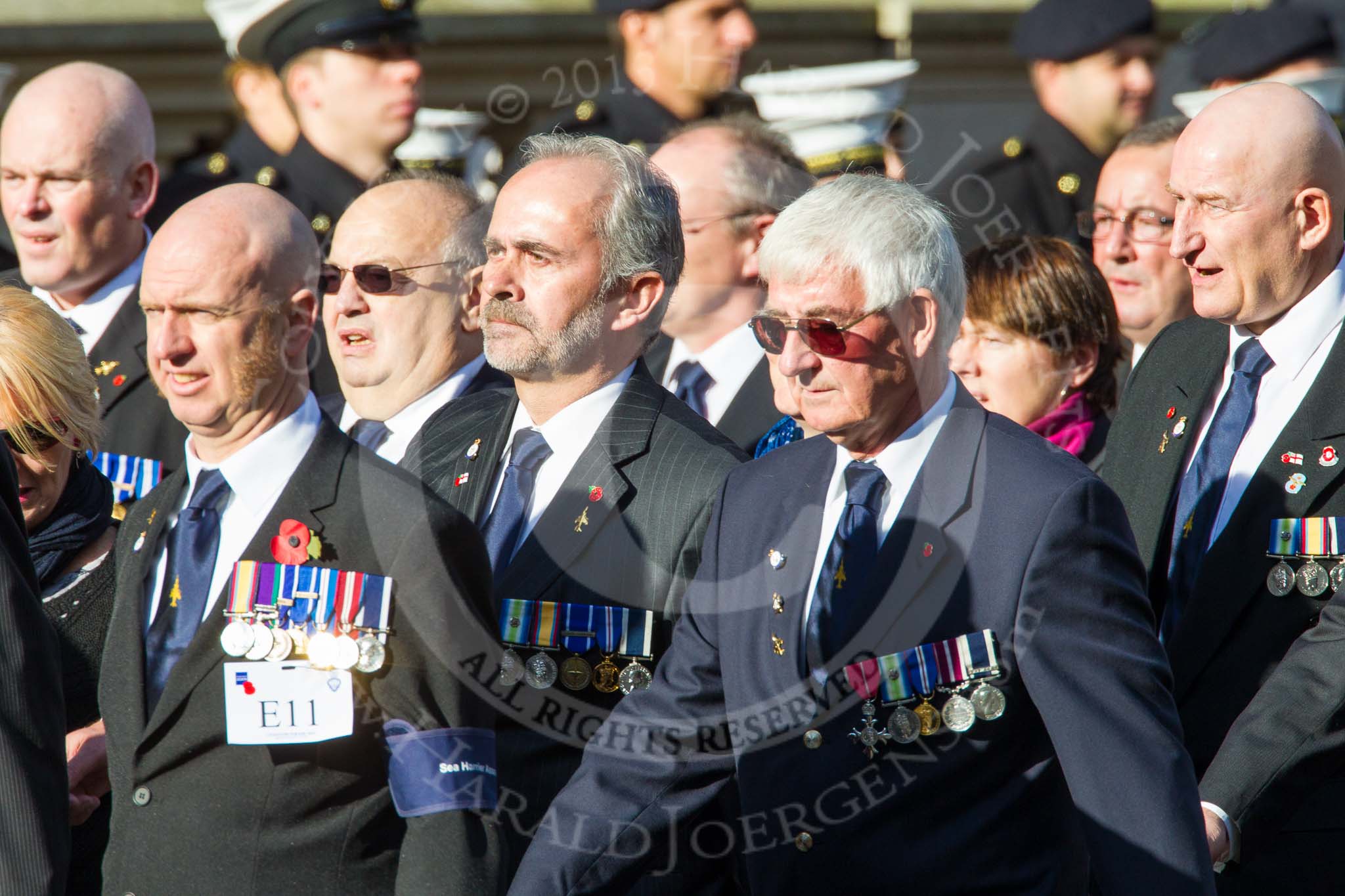 Remembrance Sunday at the Cenotaph in London 2014: Group E11 - Sea Harrier Association.
Press stand opposite the Foreign Office building, Whitehall, London SW1,
London,
Greater London,
United Kingdom,
on 09 November 2014 at 11:51, image #665