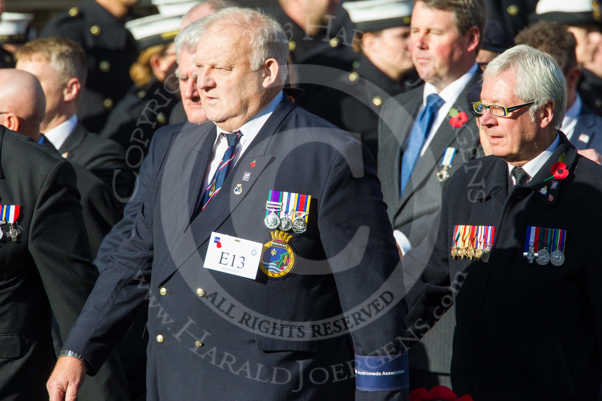 Remembrance Sunday at the Cenotaph in London 2014: Group E13 - HMS Andromeda Association.
Press stand opposite the Foreign Office building, Whitehall, London SW1,
London,
Greater London,
United Kingdom,
on 09 November 2014 at 11:51, image #680