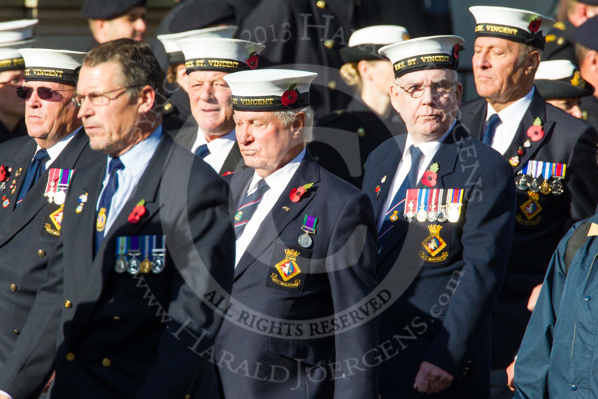 Remembrance Sunday at the Cenotaph in London 2014: Group E19 - HMS St Vincent Association.
Press stand opposite the Foreign Office building, Whitehall, London SW1,
London,
Greater London,
United Kingdom,
on 09 November 2014 at 11:52, image #715
