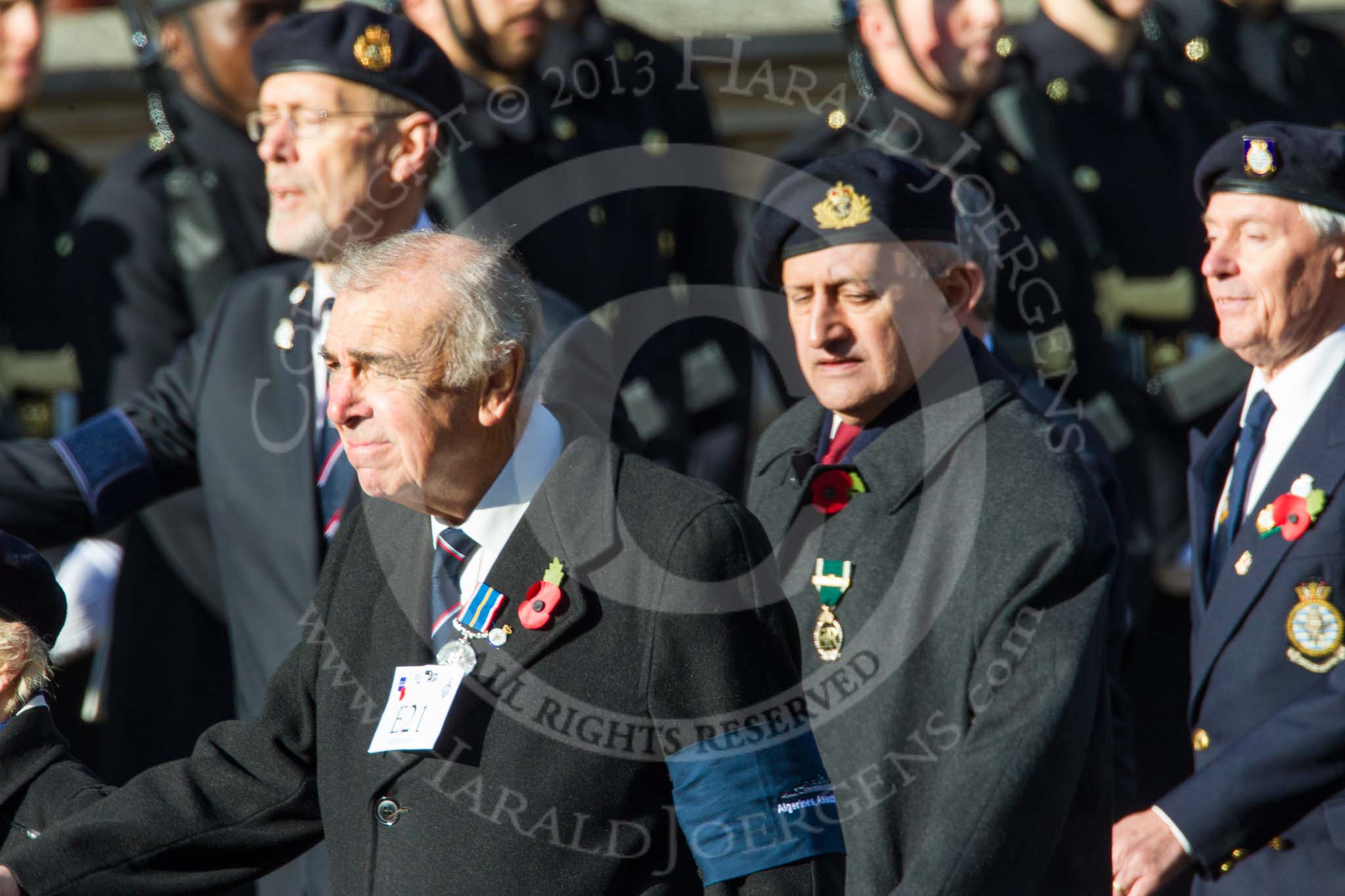 Remembrance Sunday at the Cenotaph in London 2014: Group E21 - Algerines Association.
Press stand opposite the Foreign Office building, Whitehall, London SW1,
London,
Greater London,
United Kingdom,
on 09 November 2014 at 11:52, image #729