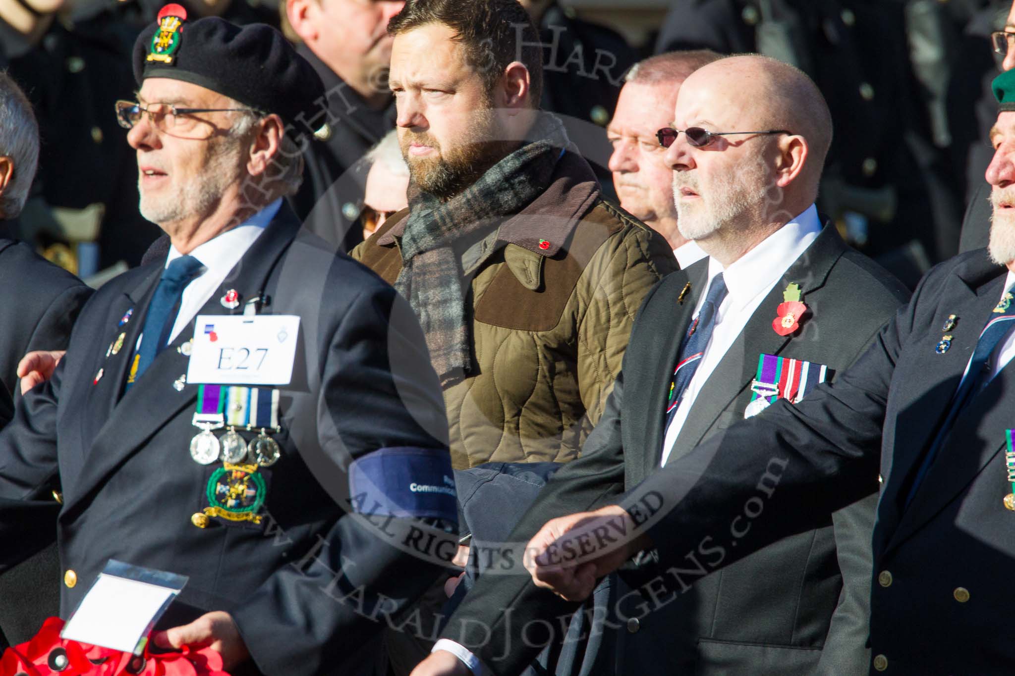 Remembrance Sunday at the Cenotaph in London 2014: Group E27 - Royal Naval Communications Association.
Press stand opposite the Foreign Office building, Whitehall, London SW1,
London,
Greater London,
United Kingdom,
on 09 November 2014 at 11:53, image #790