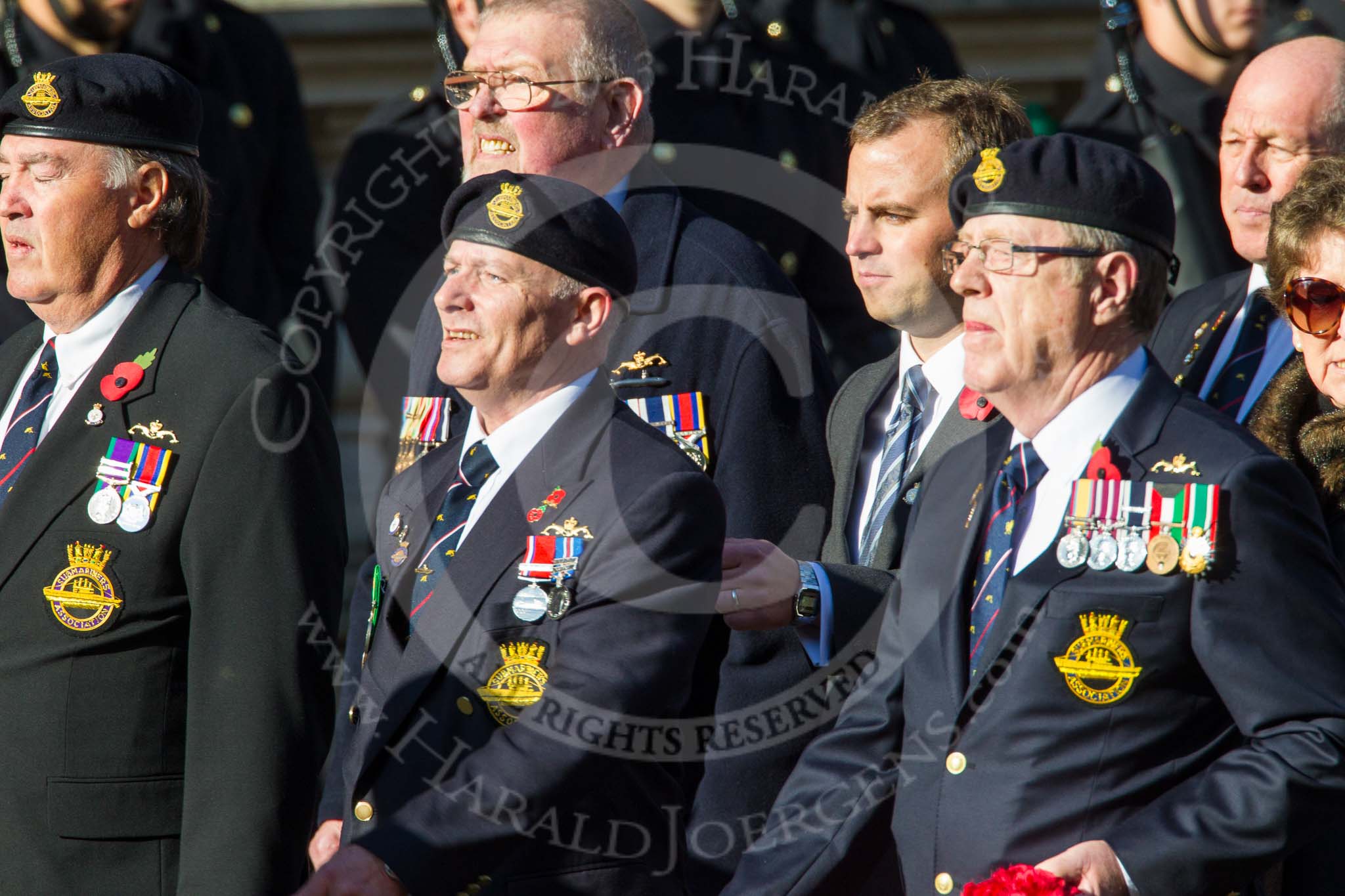 Remembrance Sunday at the Cenotaph in London 2014: Group E33 - Submariners Association.
Press stand opposite the Foreign Office building, Whitehall, London SW1,
London,
Greater London,
United Kingdom,
on 09 November 2014 at 11:54, image #825