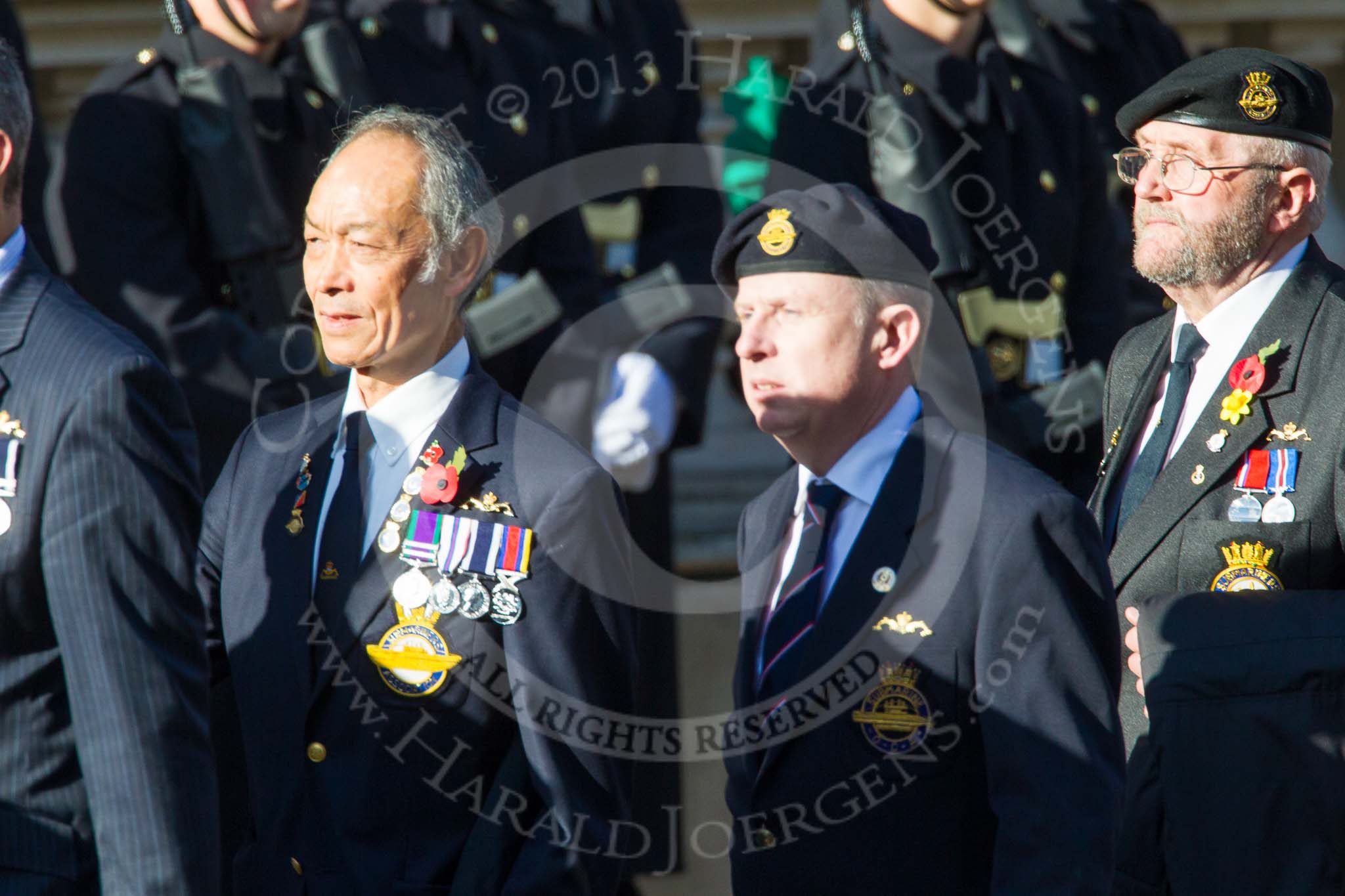 Remembrance Sunday at the Cenotaph in London 2014: Group E33 - Submariners Association.
Press stand opposite the Foreign Office building, Whitehall, London SW1,
London,
Greater London,
United Kingdom,
on 09 November 2014 at 11:54, image #829