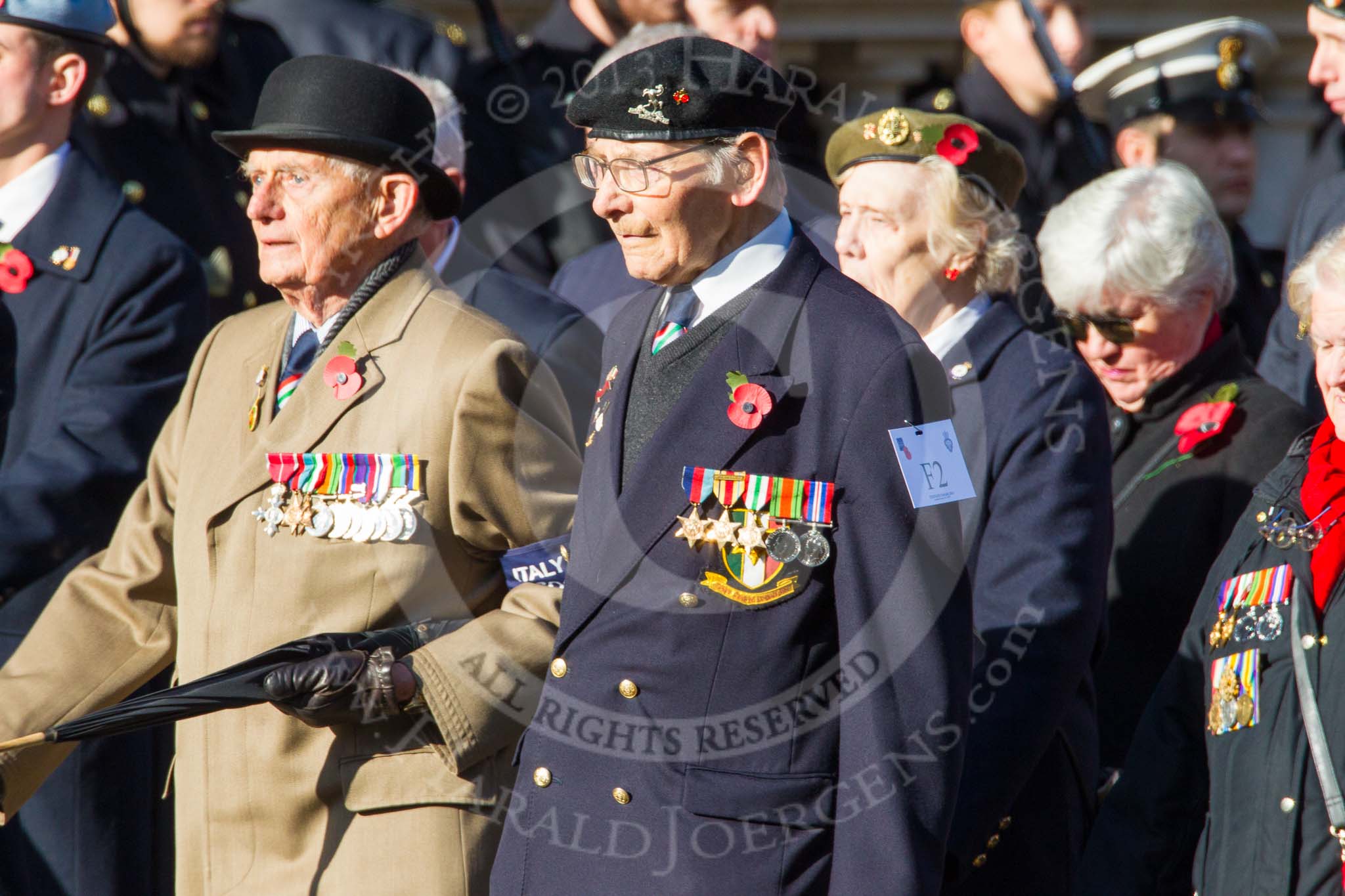 Remembrance Sunday at the Cenotaph in London 2014: Group F2 - Italy Star Association.
Press stand opposite the Foreign Office building, Whitehall, London SW1,
London,
Greater London,
United Kingdom,
on 09 November 2014 at 11:56, image #939