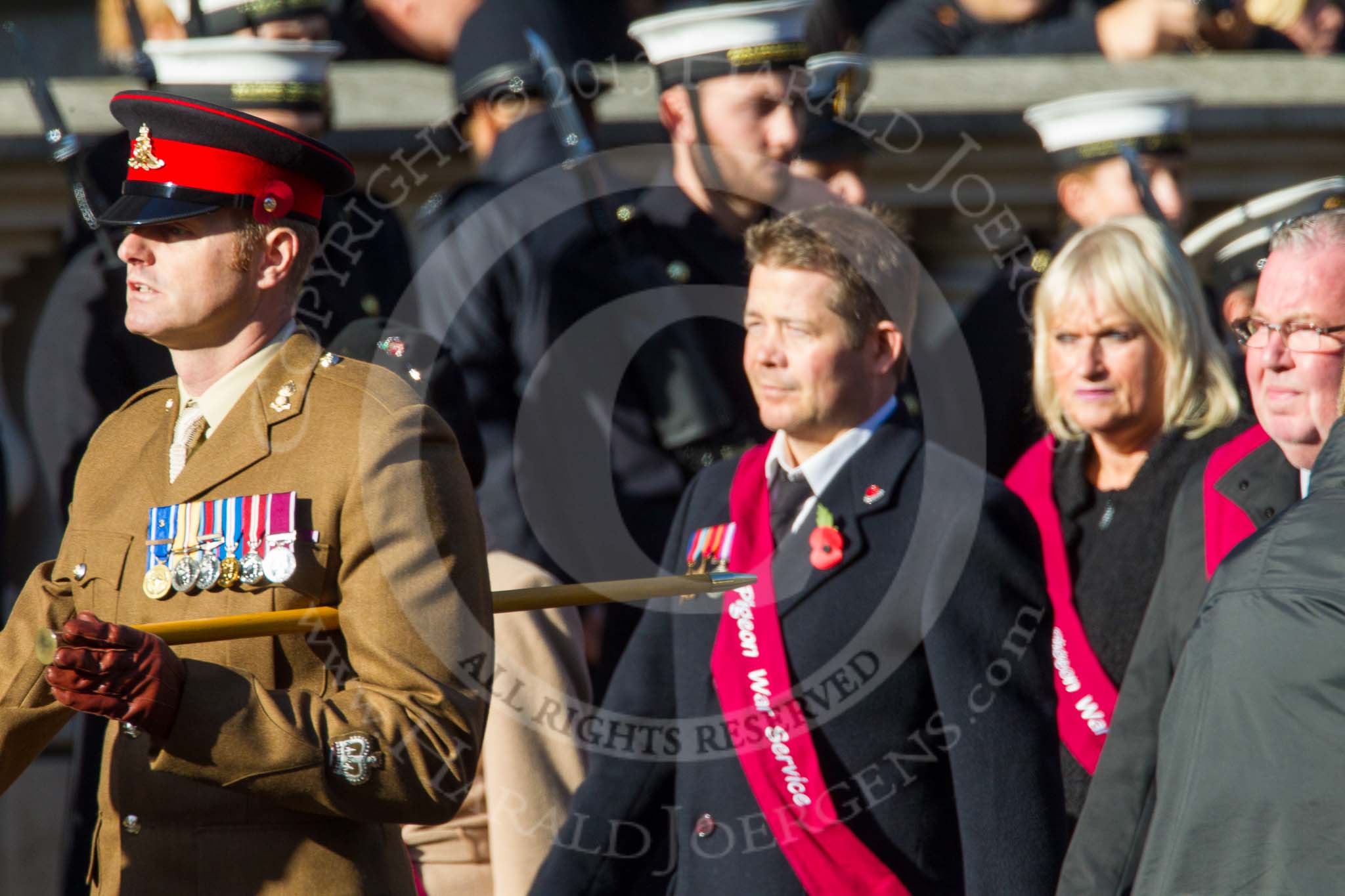 Remembrance Sunday at the Cenotaph in London 2014: Group F11 - National Pigeon War Service.
Press stand opposite the Foreign Office building, Whitehall, London SW1,
London,
Greater London,
United Kingdom,
on 09 November 2014 at 11:57, image #982