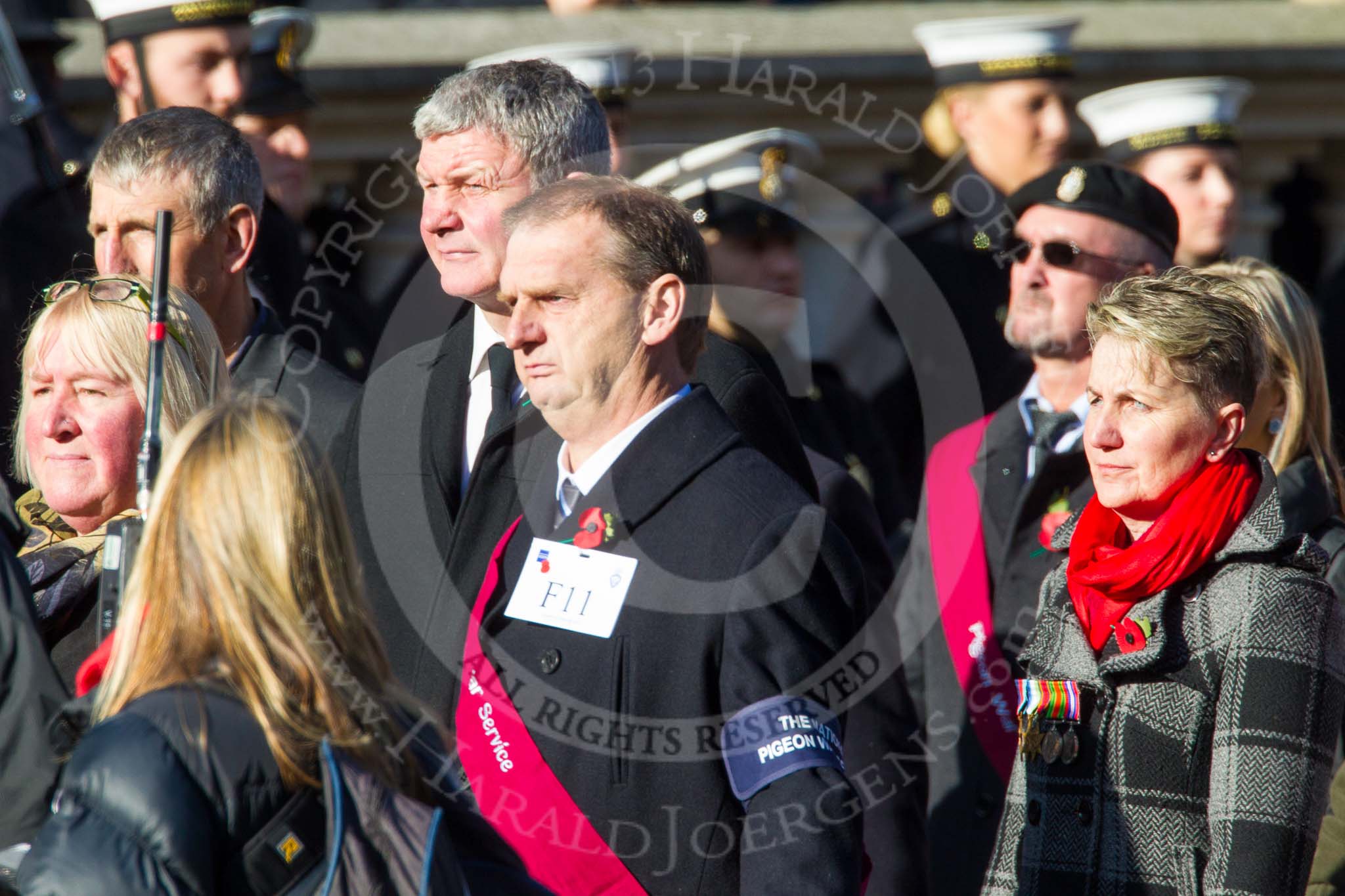 Remembrance Sunday at the Cenotaph in London 2014: Group F11 - National Pigeon War Service.
Press stand opposite the Foreign Office building, Whitehall, London SW1,
London,
Greater London,
United Kingdom,
on 09 November 2014 at 11:57, image #984