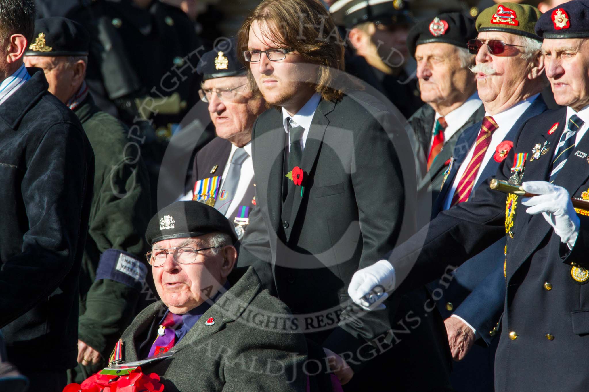 Remembrance Sunday at the Cenotaph in London 2014: Group F12- National Service Veterans Alliance.
Press stand opposite the Foreign Office building, Whitehall, London SW1,
London,
Greater London,
United Kingdom,
on 09 November 2014 at 11:57, image #995