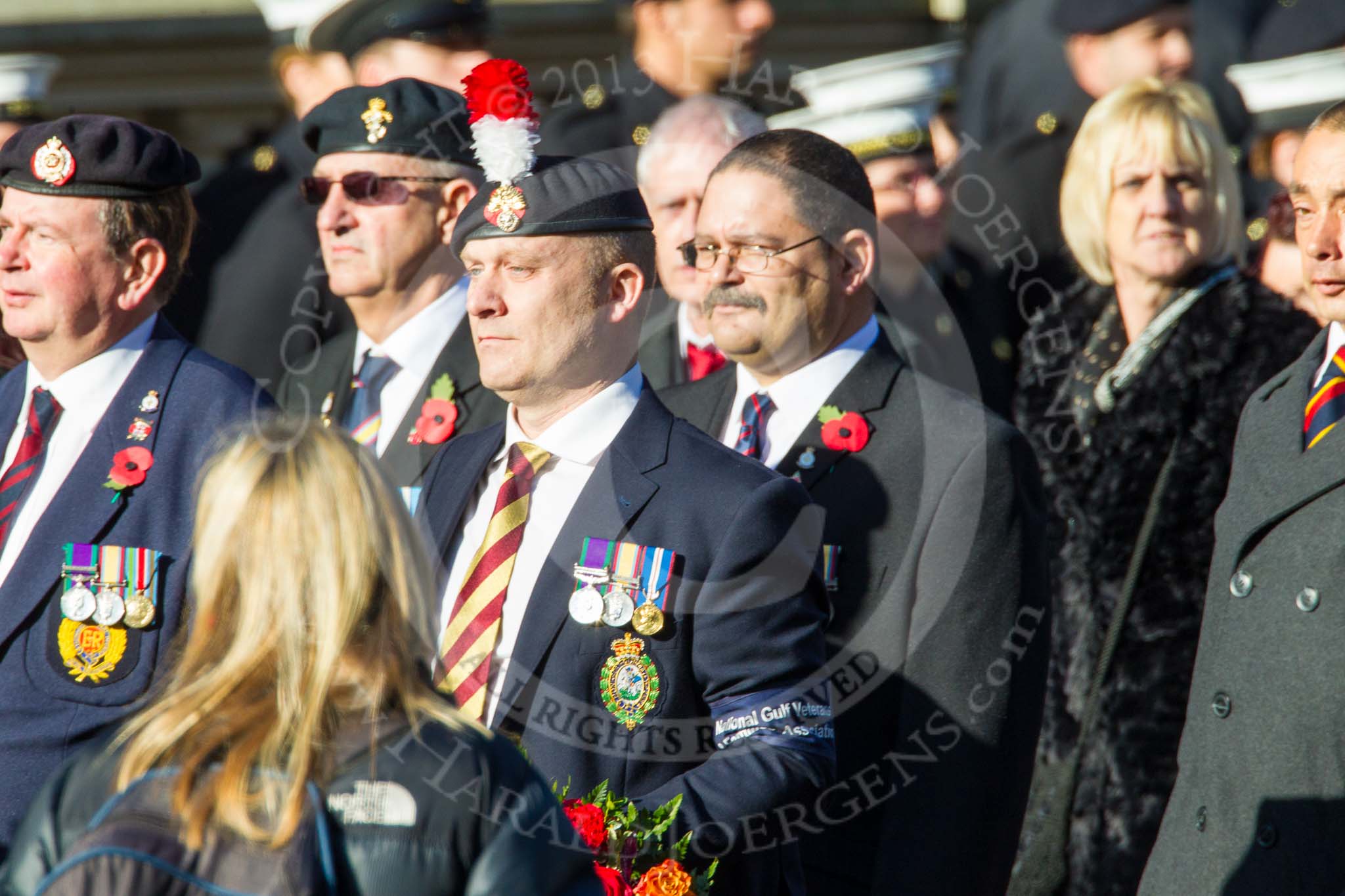 Remembrance Sunday at the Cenotaph in London 2014: Group F15 - National Gulf Veterans & Families Association.
Press stand opposite the Foreign Office building, Whitehall, London SW1,
London,
Greater London,
United Kingdom,
on 09 November 2014 at 11:58, image #1036