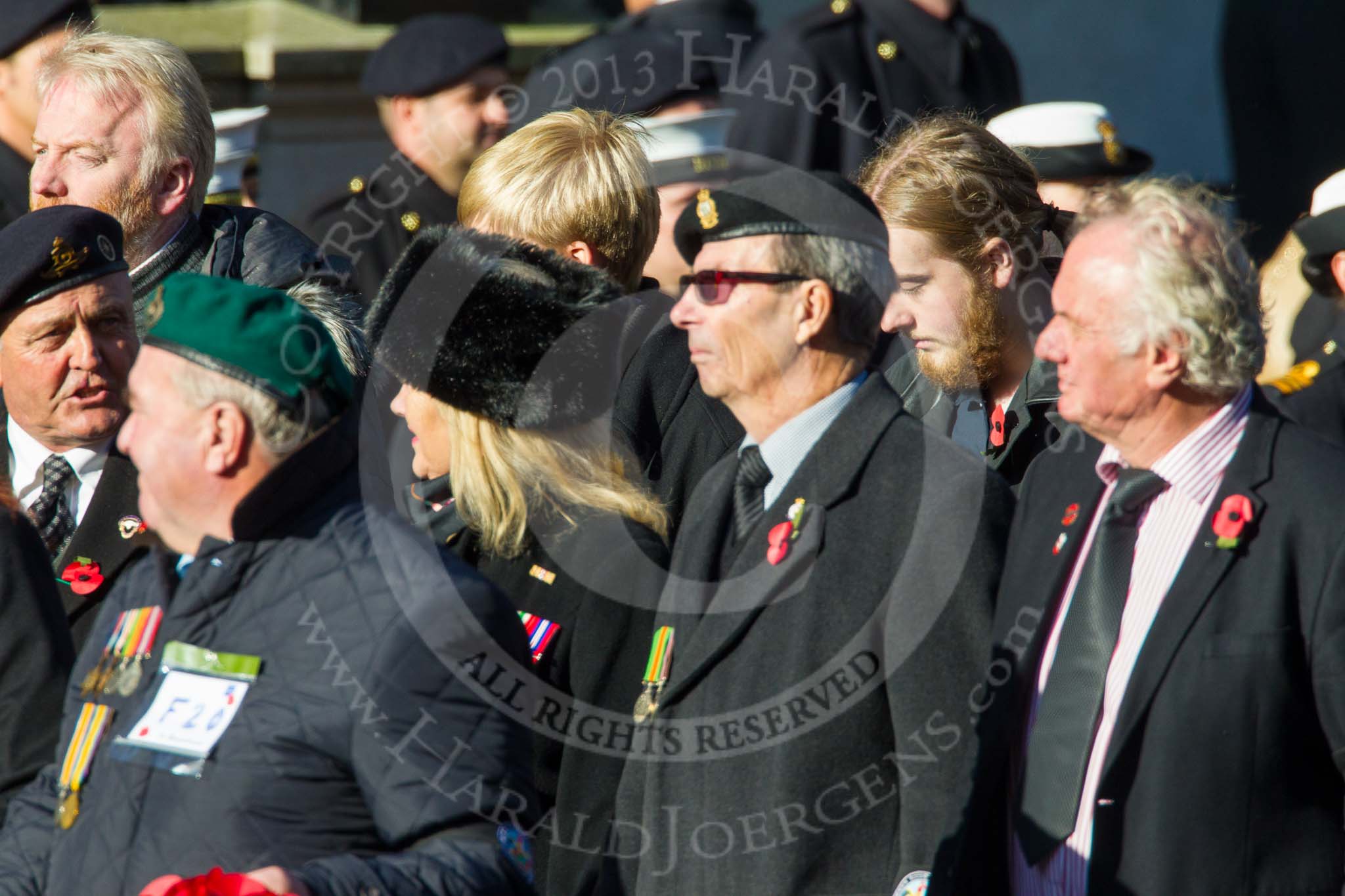Remembrance Sunday at the Cenotaph in London 2014: Group F20 - Showmens' Guild of Great Britain.
Press stand opposite the Foreign Office building, Whitehall, London SW1,
London,
Greater London,
United Kingdom,
on 09 November 2014 at 11:59, image #1102