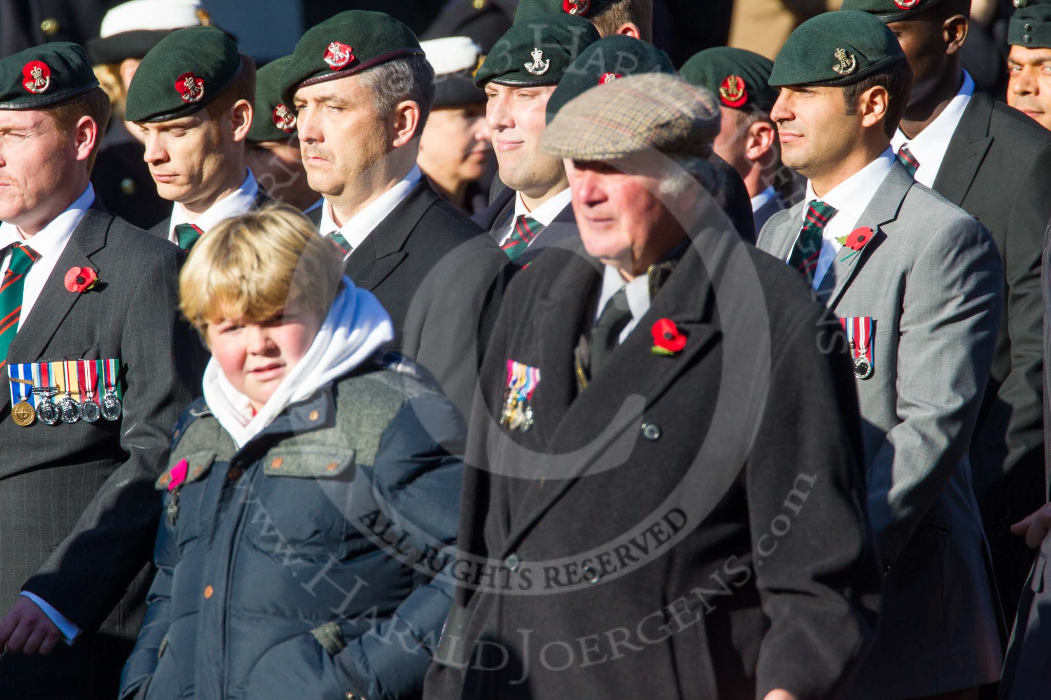 Remembrance Sunday at the Cenotaph in London 2014: Group A2 - Rifles Regimental Association.
Press stand opposite the Foreign Office building, Whitehall, London SW1,
London,
Greater London,
United Kingdom,
on 09 November 2014 at 11:59, image #1111