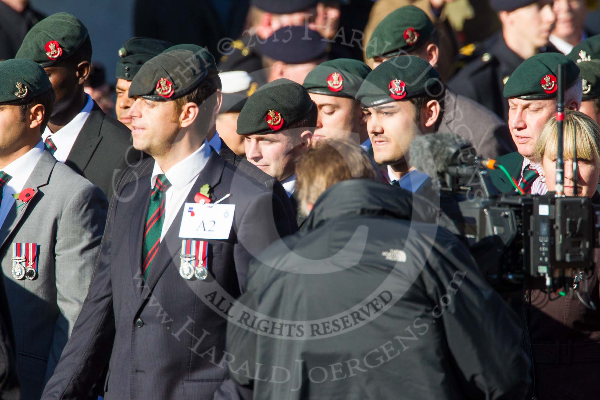 Remembrance Sunday at the Cenotaph in London 2014: Group A2 - Rifles Regimental Association.
Press stand opposite the Foreign Office building, Whitehall, London SW1,
London,
Greater London,
United Kingdom,
on 09 November 2014 at 11:59, image #1113