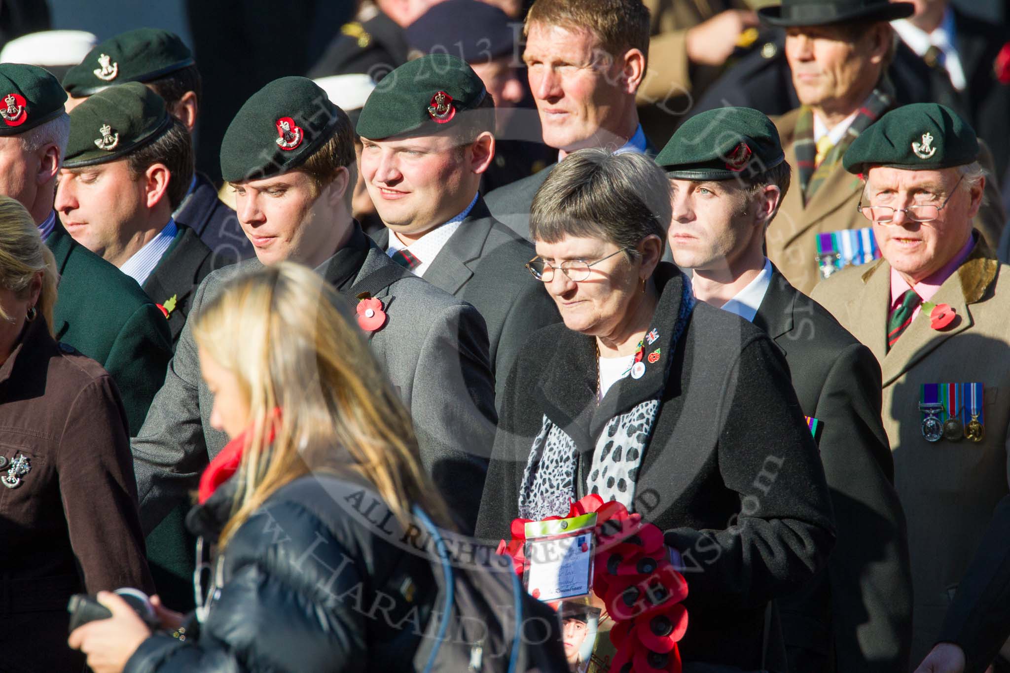 Remembrance Sunday at the Cenotaph in London 2014: Group A2 - Rifles Regimental Association.
Press stand opposite the Foreign Office building, Whitehall, London SW1,
London,
Greater London,
United Kingdom,
on 09 November 2014 at 11:59, image #1116