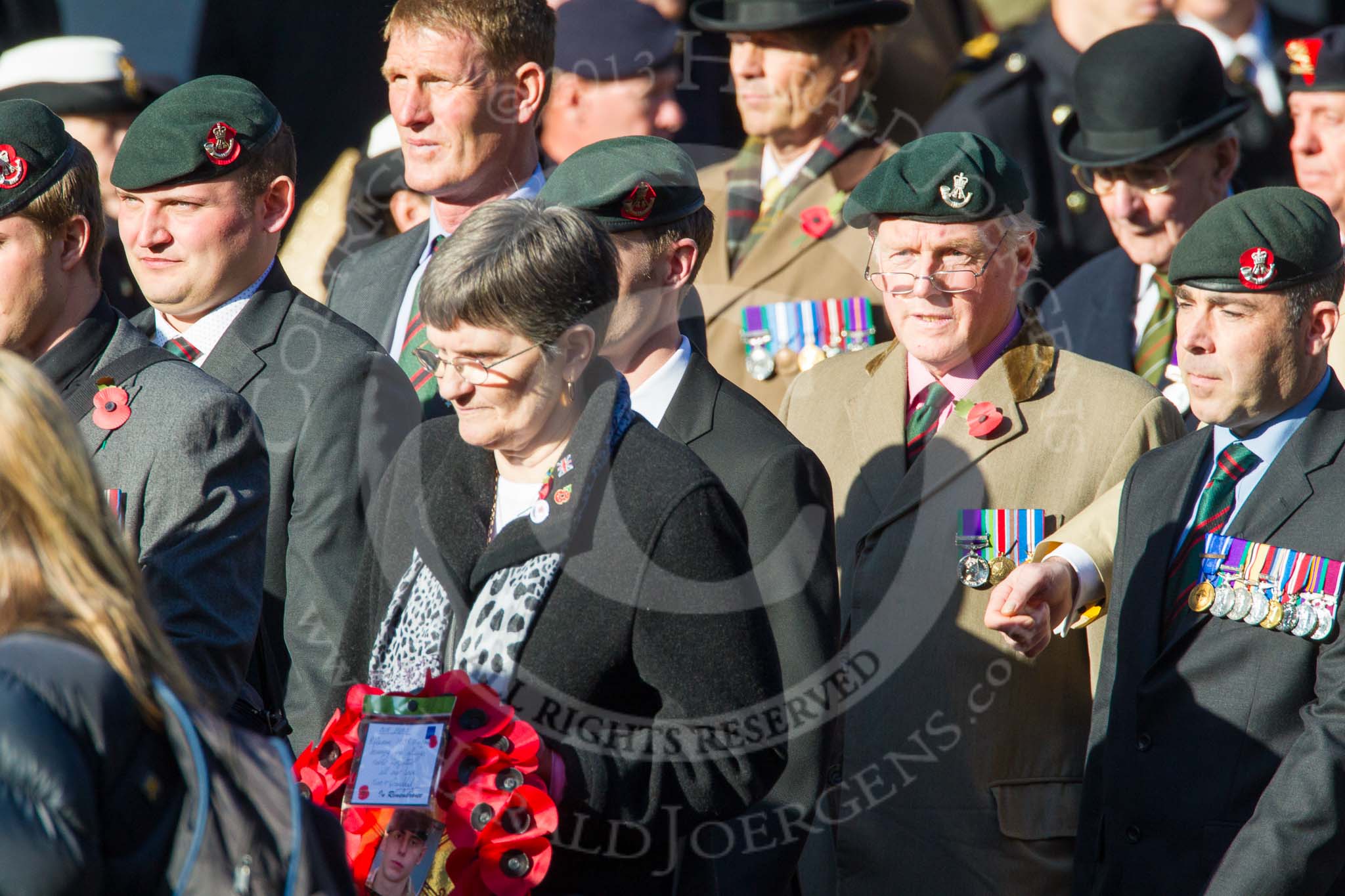 Remembrance Sunday at the Cenotaph in London 2014: Group A2 - Rifles Regimental Association.
Press stand opposite the Foreign Office building, Whitehall, London SW1,
London,
Greater London,
United Kingdom,
on 09 November 2014 at 11:59, image #1117