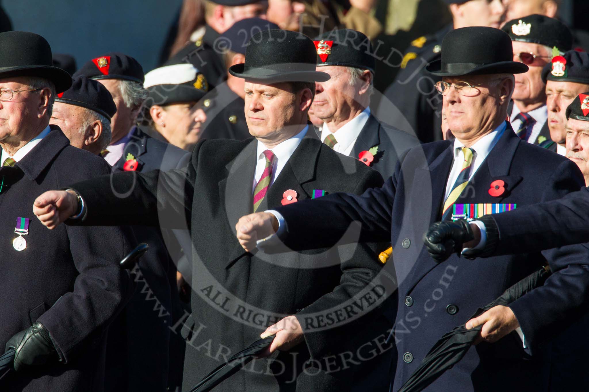 Remembrance Sunday at the Cenotaph in London 2014: Group A3 - The Rifles & Royal Gloucestershire, Berkshire & Wiltshire Regimental Association.
Press stand opposite the Foreign Office building, Whitehall, London SW1,
London,
Greater London,
United Kingdom,
on 09 November 2014 at 11:59, image #1121