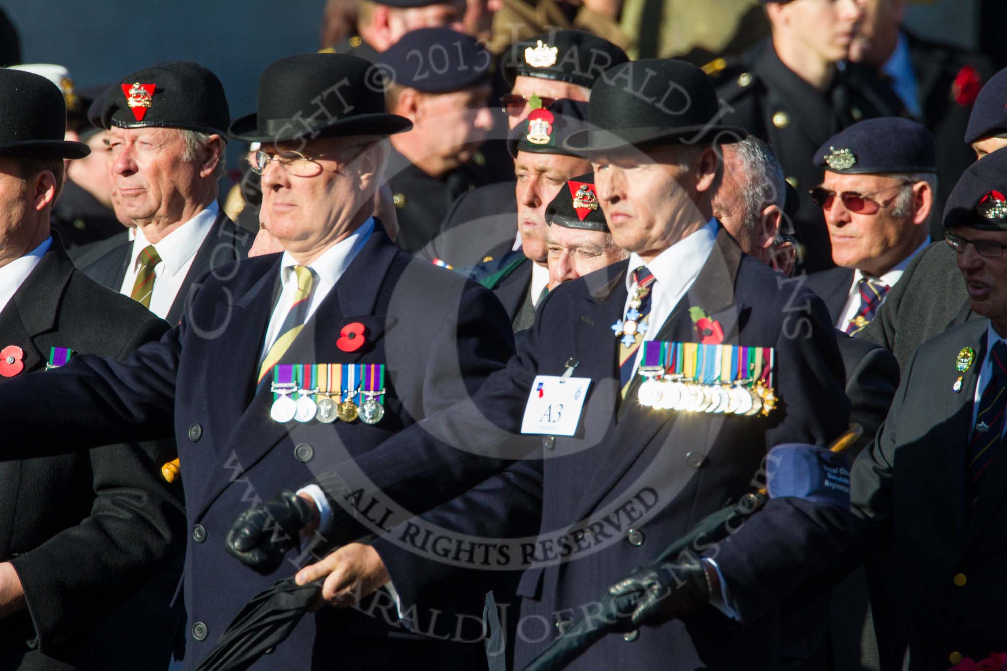 Remembrance Sunday at the Cenotaph in London 2014: Group A3 - The Rifles & Royal Gloucestershire, Berkshire & Wiltshire Regimental Association.
Press stand opposite the Foreign Office building, Whitehall, London SW1,
London,
Greater London,
United Kingdom,
on 09 November 2014 at 11:59, image #1123