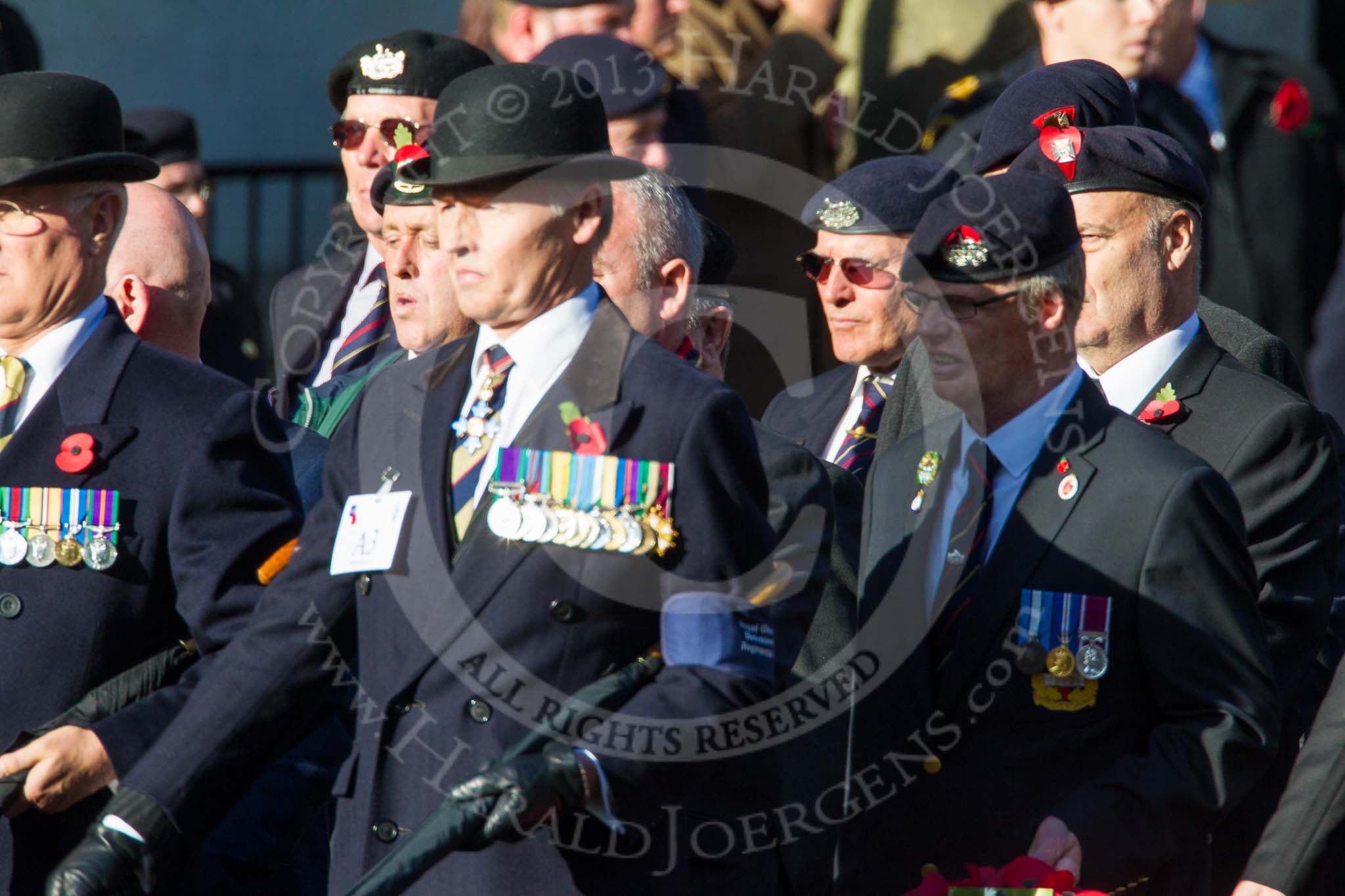 Remembrance Sunday at the Cenotaph in London 2014: Group A3 - The Rifles & Royal Gloucestershire, Berkshire & Wiltshire Regimental Association.
Press stand opposite the Foreign Office building, Whitehall, London SW1,
London,
Greater London,
United Kingdom,
on 09 November 2014 at 11:59, image #1124