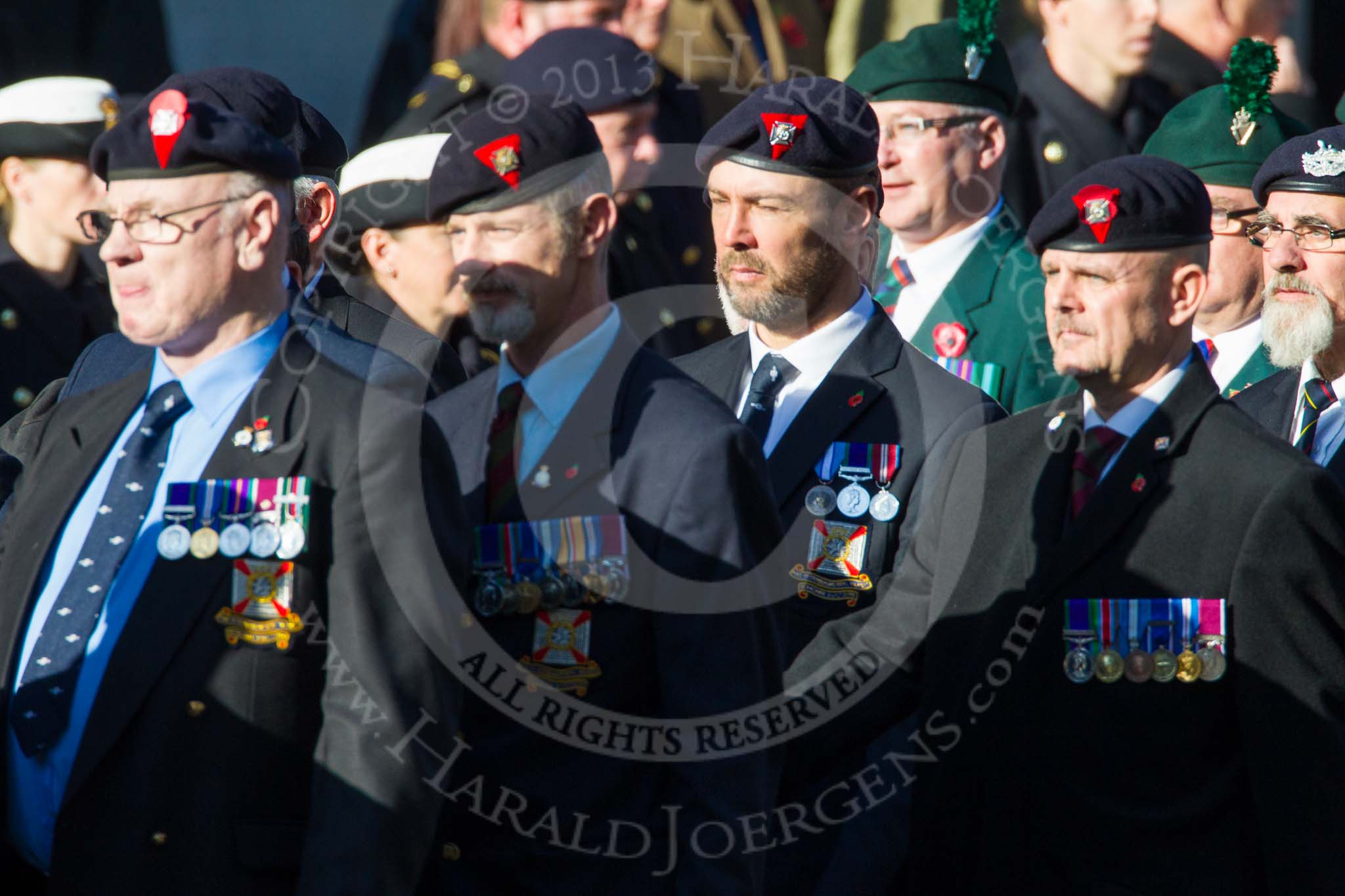 Remembrance Sunday at the Cenotaph in London 2014: Group A3 - The Rifles & Royal Gloucestershire, Berkshire & Wiltshire Regimental Association.
Press stand opposite the Foreign Office building, Whitehall, London SW1,
London,
Greater London,
United Kingdom,
on 09 November 2014 at 11:59, image #1127