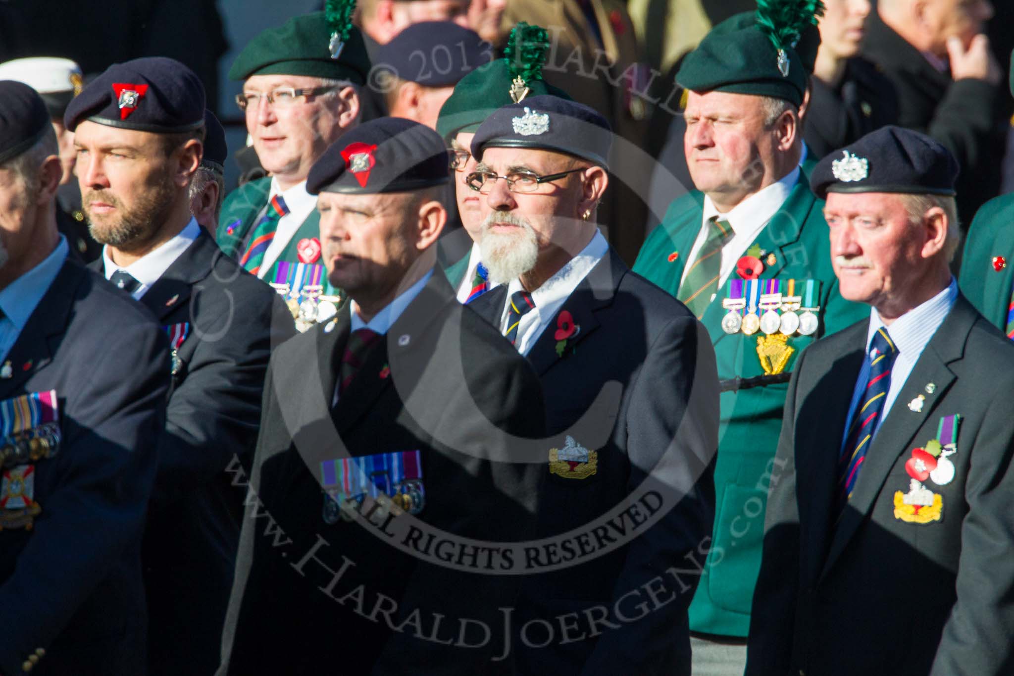Remembrance Sunday at the Cenotaph in London 2014: Group A3 - The Rifles & Royal Gloucestershire, Berkshire & Wiltshire Regimental Association.
Press stand opposite the Foreign Office building, Whitehall, London SW1,
London,
Greater London,
United Kingdom,
on 09 November 2014 at 12:00, image #1129