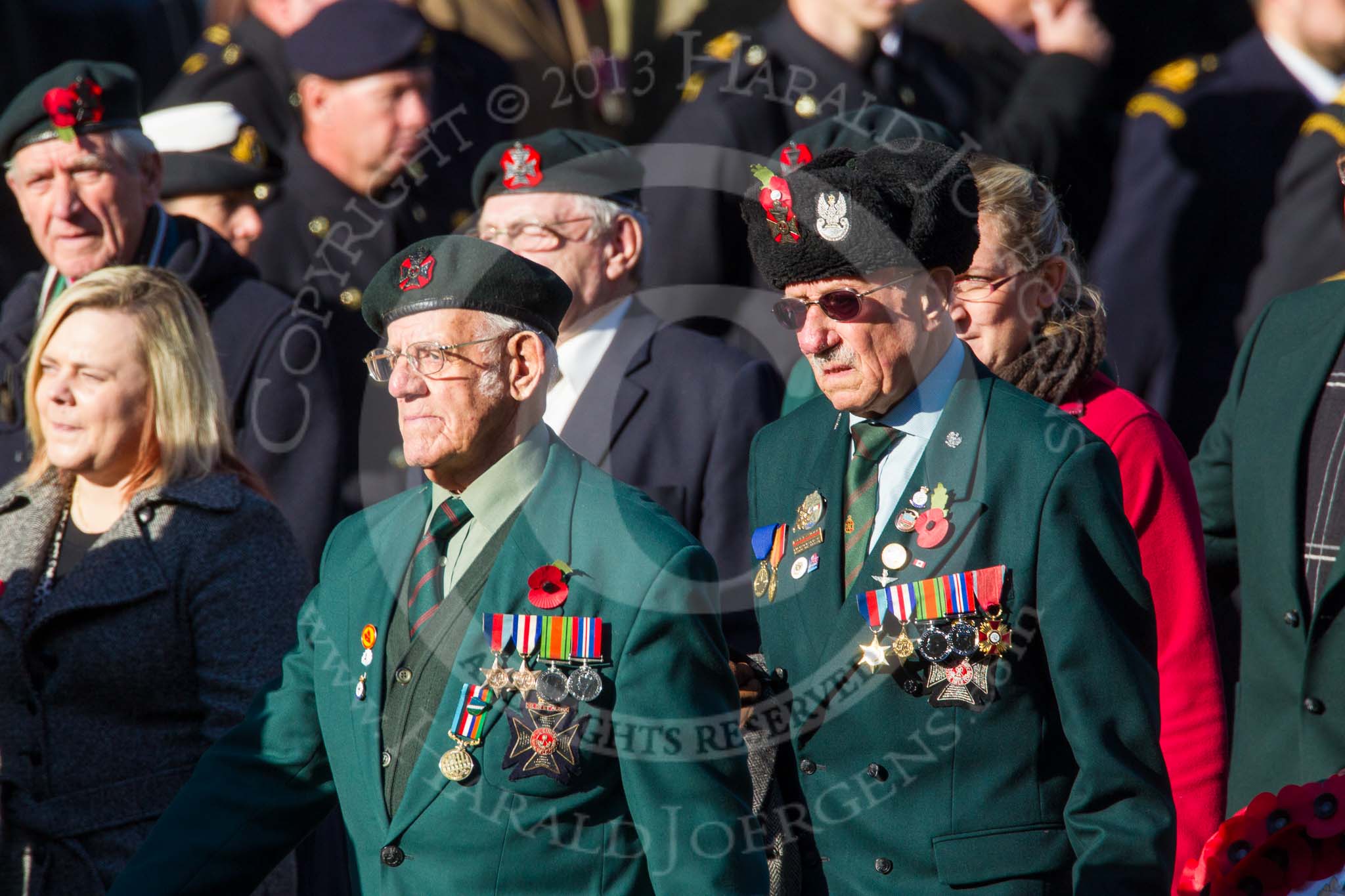 Remembrance Sunday at the Cenotaph in London 2014: Group A6 - King's Royal Rifle Corps Association.
Press stand opposite the Foreign Office building, Whitehall, London SW1,
London,
Greater London,
United Kingdom,
on 09 November 2014 at 12:00, image #1146