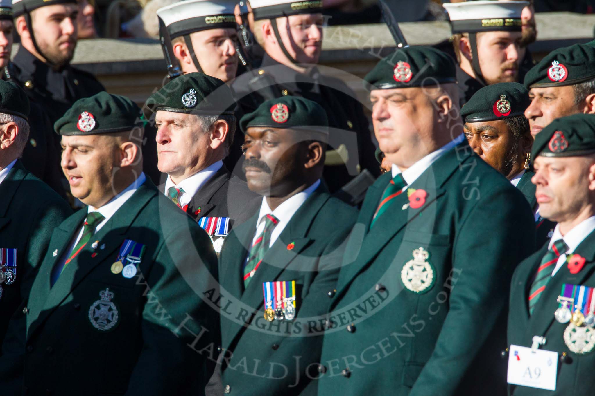 Remembrance Sunday at the Cenotaph in London 2014: Group A9 - Royal Green Jackets Association.
Press stand opposite the Foreign Office building, Whitehall, London SW1,
London,
Greater London,
United Kingdom,
on 09 November 2014 at 12:01, image #1169
