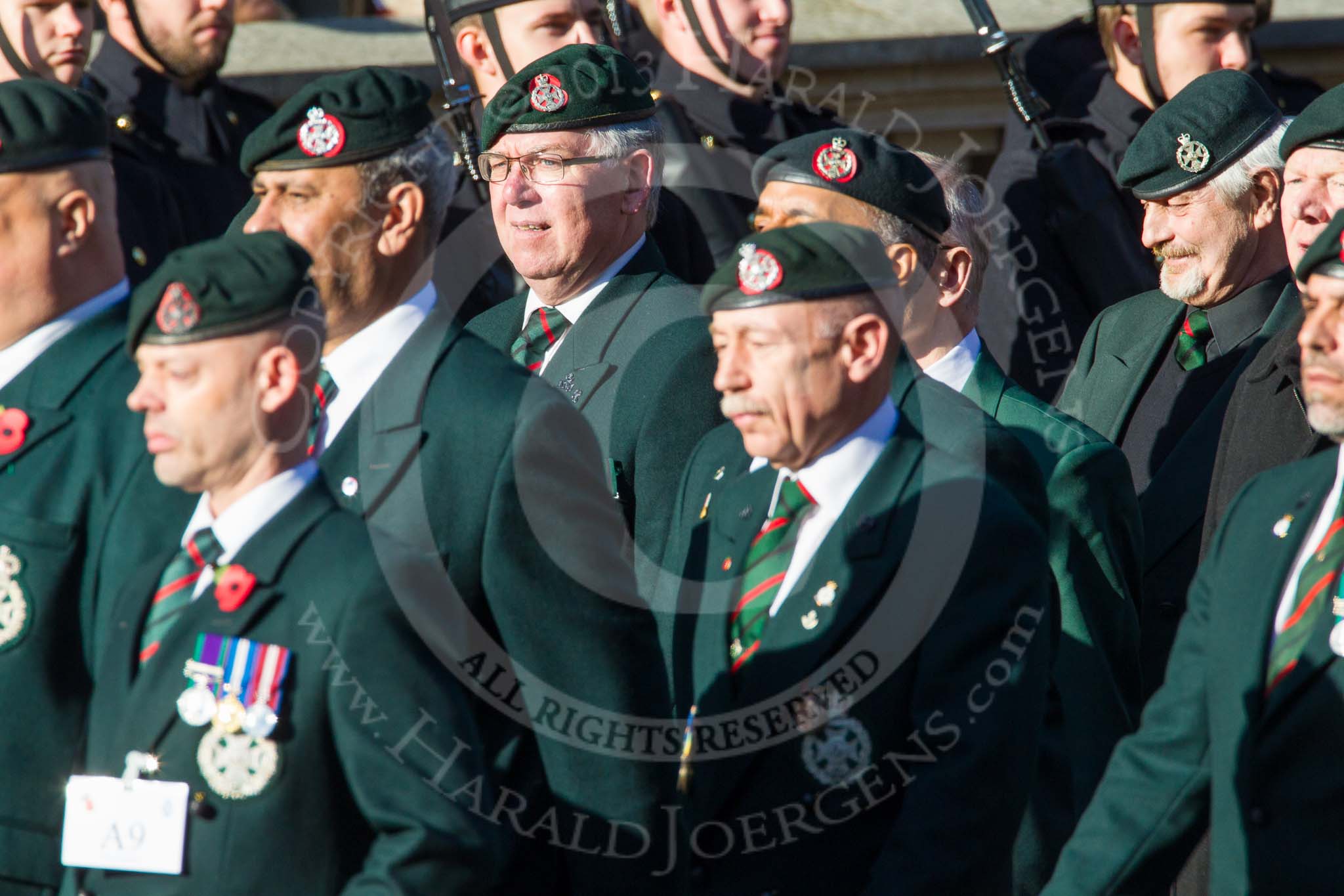 Remembrance Sunday at the Cenotaph in London 2014: Group A9 - Royal Green Jackets Association.
Press stand opposite the Foreign Office building, Whitehall, London SW1,
London,
Greater London,
United Kingdom,
on 09 November 2014 at 12:01, image #1171