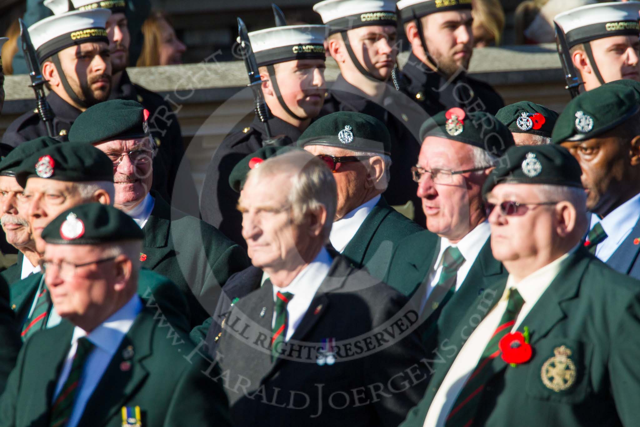 Remembrance Sunday at the Cenotaph in London 2014: Group A9 - Royal Green Jackets Association.
Press stand opposite the Foreign Office building, Whitehall, London SW1,
London,
Greater London,
United Kingdom,
on 09 November 2014 at 12:01, image #1174