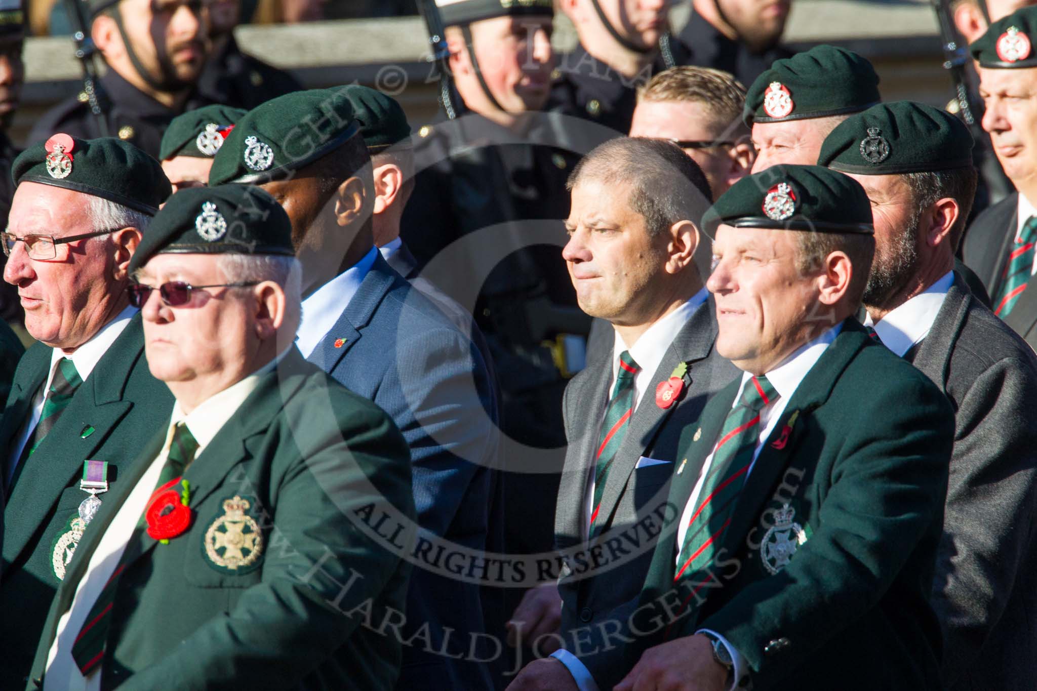 Remembrance Sunday at the Cenotaph in London 2014: Group A9 - Royal Green Jackets Association.
Press stand opposite the Foreign Office building, Whitehall, London SW1,
London,
Greater London,
United Kingdom,
on 09 November 2014 at 12:01, image #1175