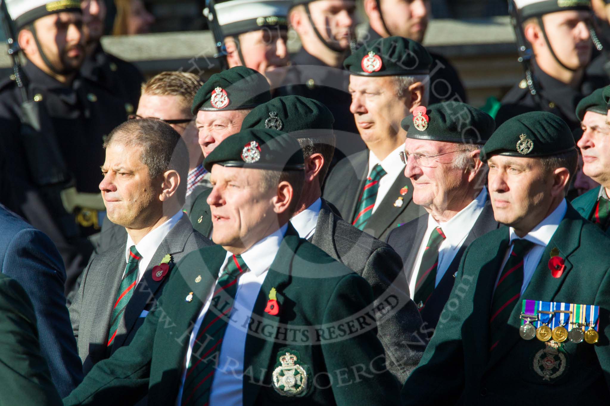 Remembrance Sunday at the Cenotaph in London 2014: Group A9 - Royal Green Jackets Association.
Press stand opposite the Foreign Office building, Whitehall, London SW1,
London,
Greater London,
United Kingdom,
on 09 November 2014 at 12:01, image #1176