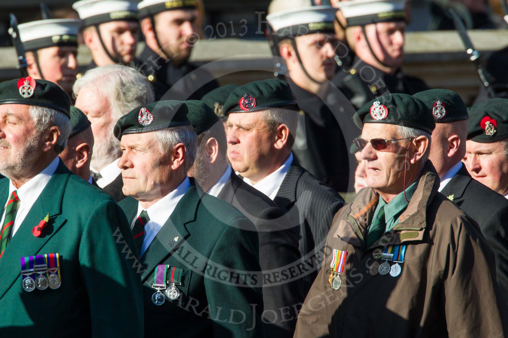 Remembrance Sunday at the Cenotaph in London 2014: Group A9 - Royal Green Jackets Association.
Press stand opposite the Foreign Office building, Whitehall, London SW1,
London,
Greater London,
United Kingdom,
on 09 November 2014 at 12:01, image #1179