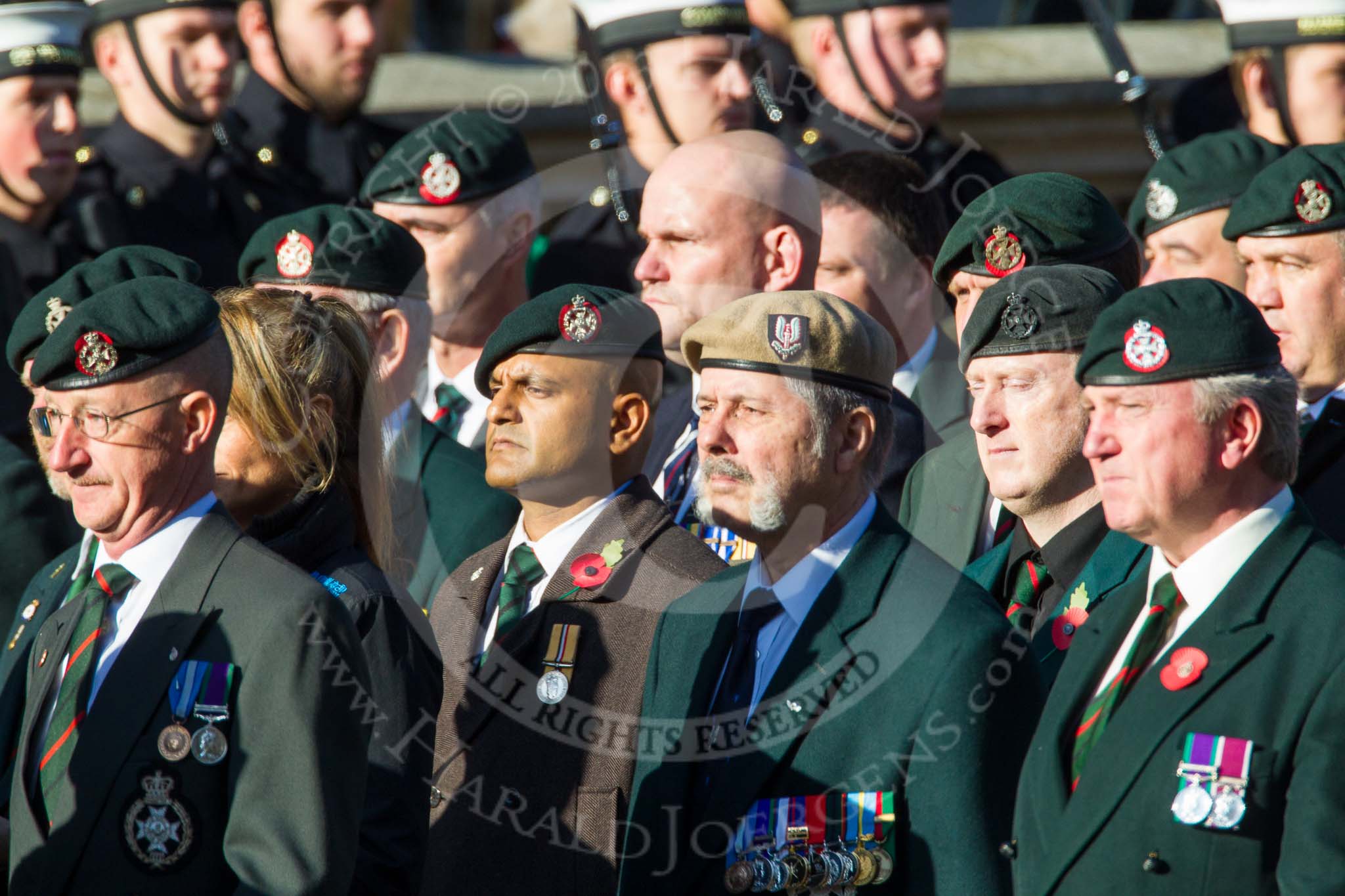Remembrance Sunday at the Cenotaph in London 2014: Group A9 - Royal Green Jackets Association.
Press stand opposite the Foreign Office building, Whitehall, London SW1,
London,
Greater London,
United Kingdom,
on 09 November 2014 at 12:01, image #1184