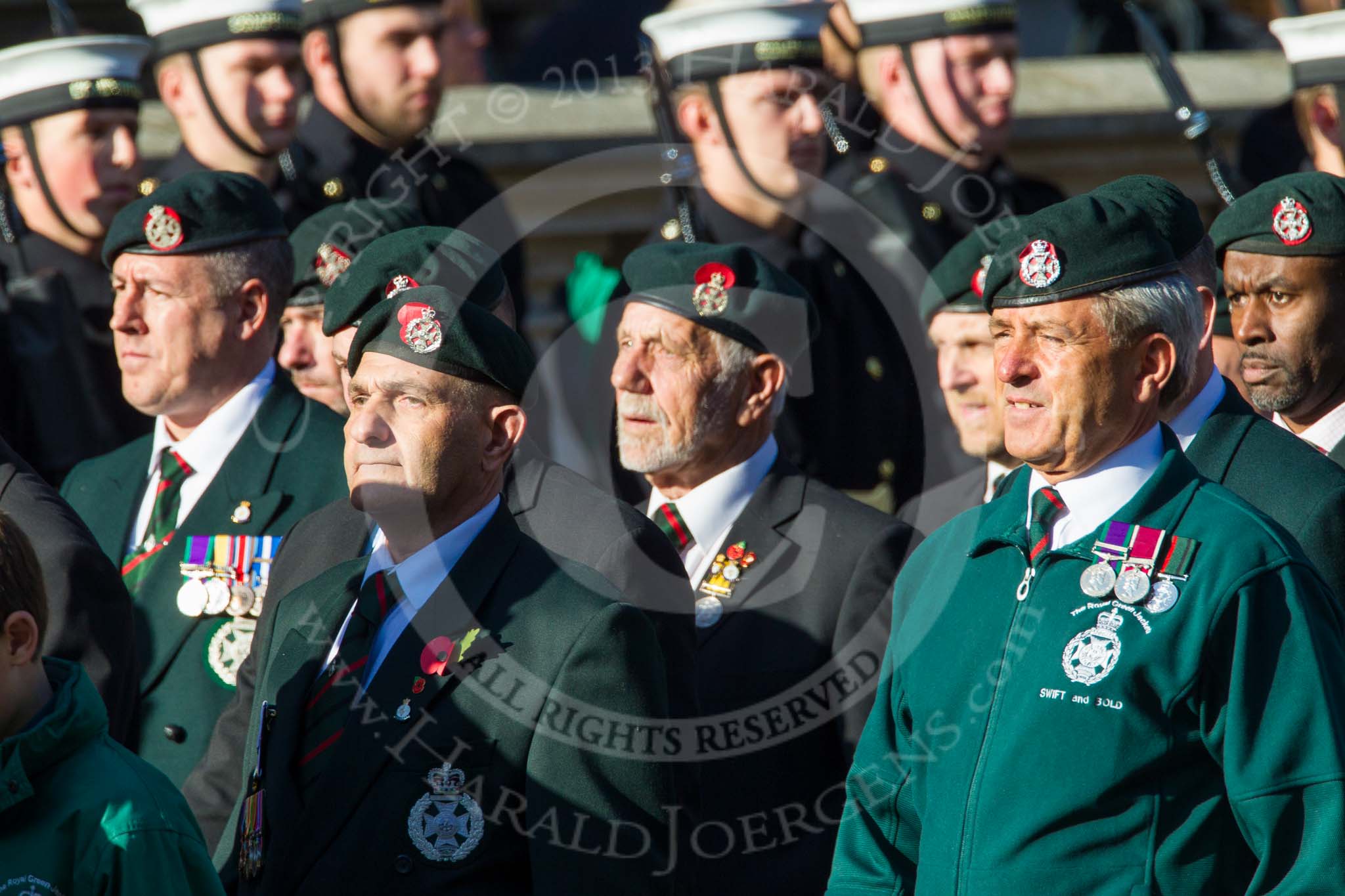 Remembrance Sunday at the Cenotaph in London 2014: Group A9 - Royal Green Jackets Association.
Press stand opposite the Foreign Office building, Whitehall, London SW1,
London,
Greater London,
United Kingdom,
on 09 November 2014 at 12:01, image #1192