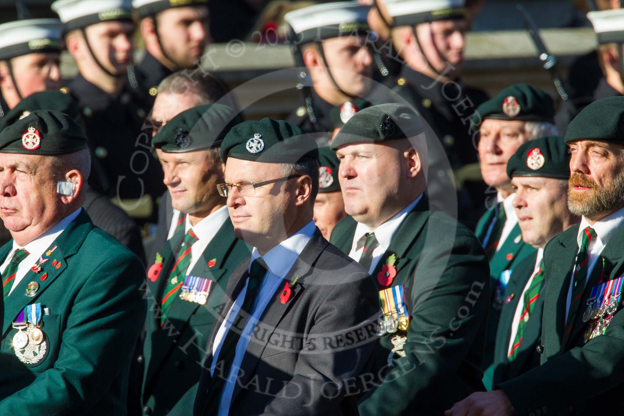 Remembrance Sunday at the Cenotaph in London 2014: Group A9 - Royal Green Jackets Association.
Press stand opposite the Foreign Office building, Whitehall, London SW1,
London,
Greater London,
United Kingdom,
on 09 November 2014 at 12:01, image #1199