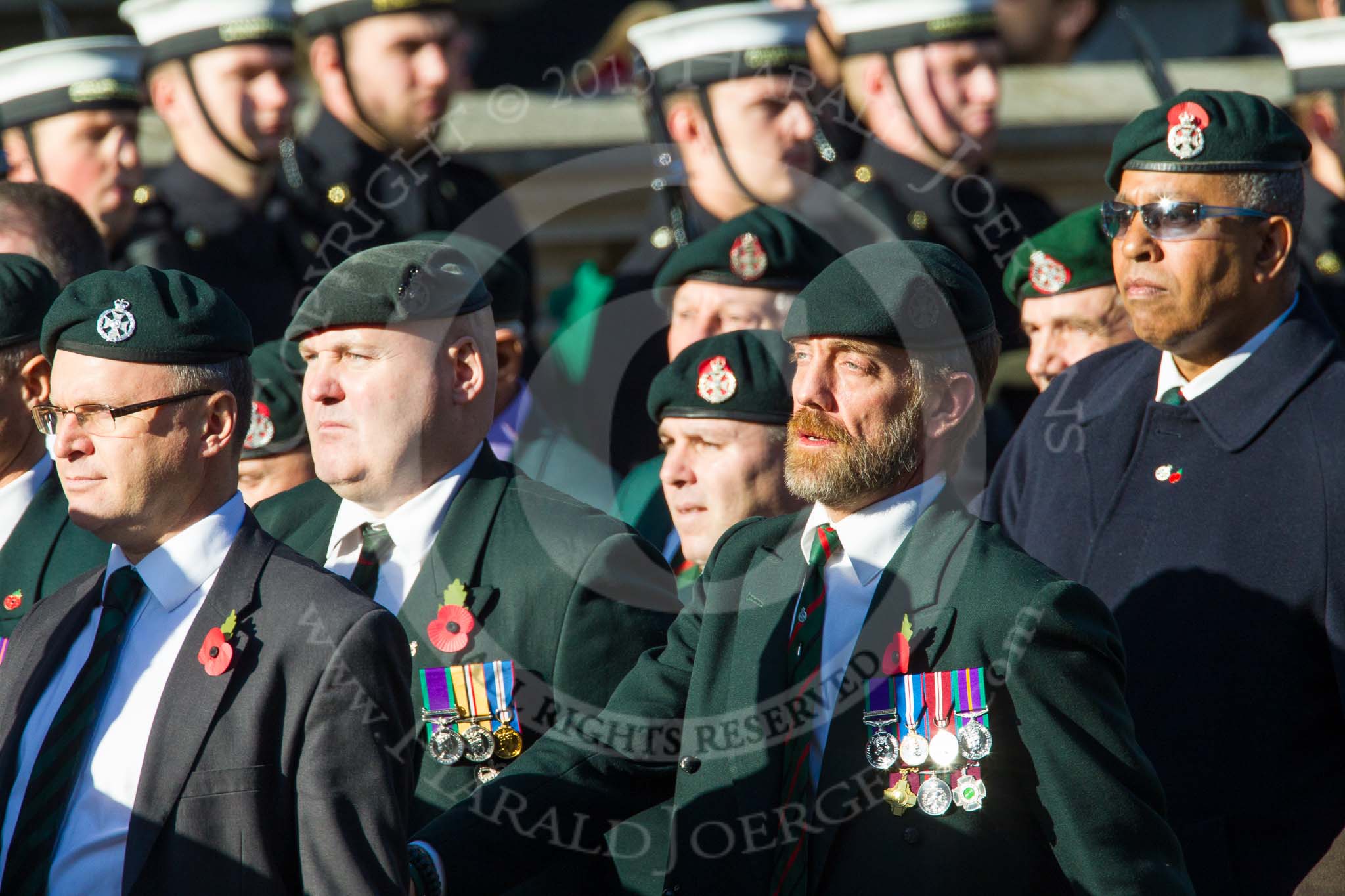 Remembrance Sunday at the Cenotaph in London 2014: Group A9 - Royal Green Jackets Association.
Press stand opposite the Foreign Office building, Whitehall, London SW1,
London,
Greater London,
United Kingdom,
on 09 November 2014 at 12:01, image #1200