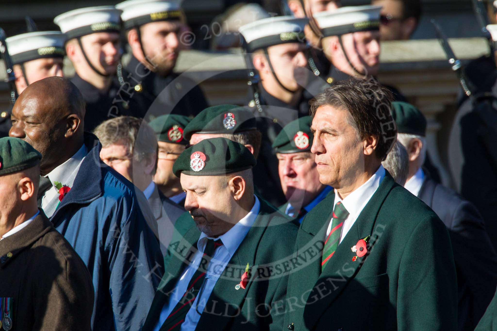 Remembrance Sunday at the Cenotaph in London 2014: Group A9 - Royal Green Jackets Association.
Press stand opposite the Foreign Office building, Whitehall, London SW1,
London,
Greater London,
United Kingdom,
on 09 November 2014 at 12:01, image #1203