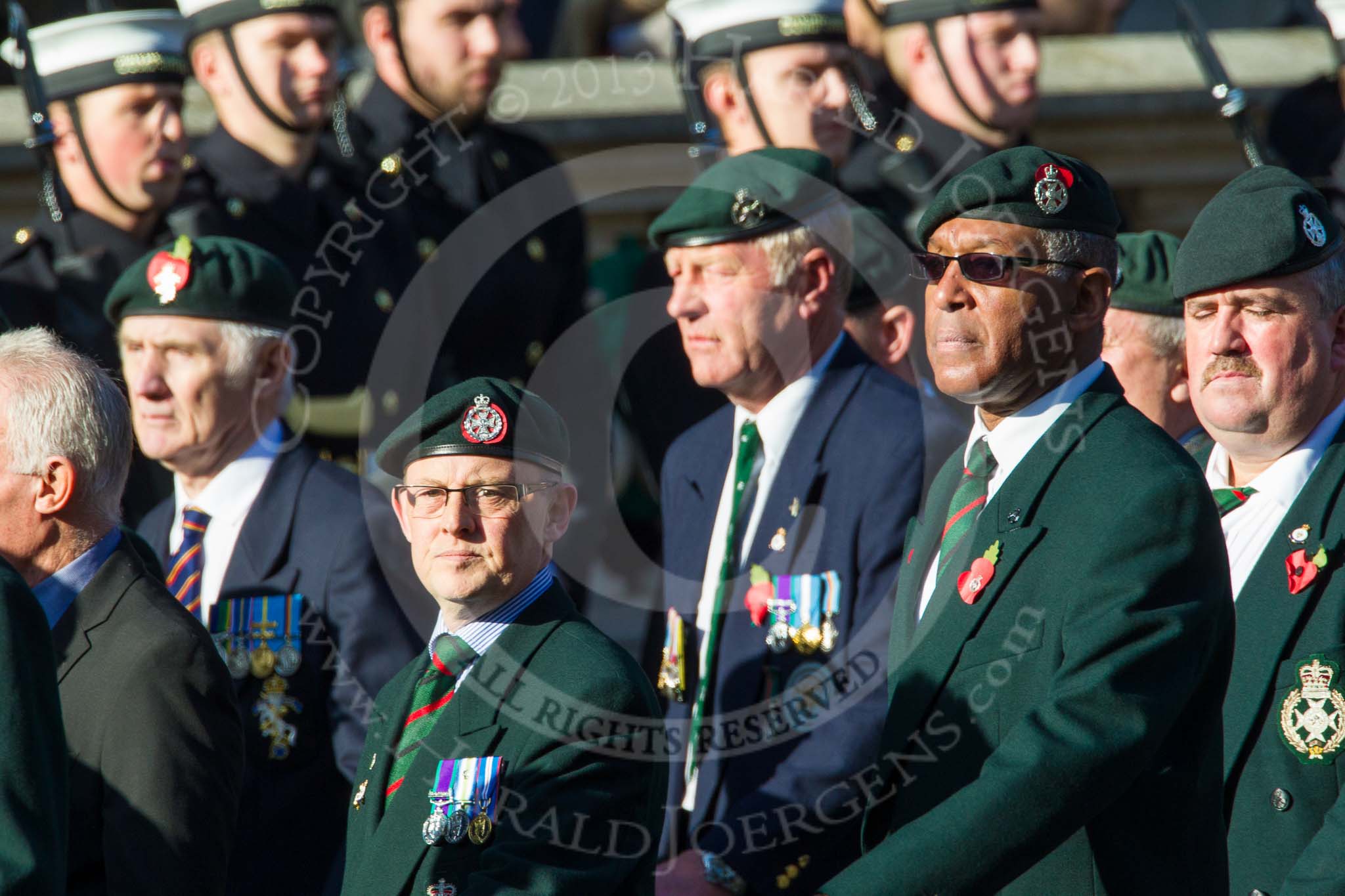 Remembrance Sunday at the Cenotaph in London 2014: Group A9 - Royal Green Jackets Association.
Press stand opposite the Foreign Office building, Whitehall, London SW1,
London,
Greater London,
United Kingdom,
on 09 November 2014 at 12:01, image #1205