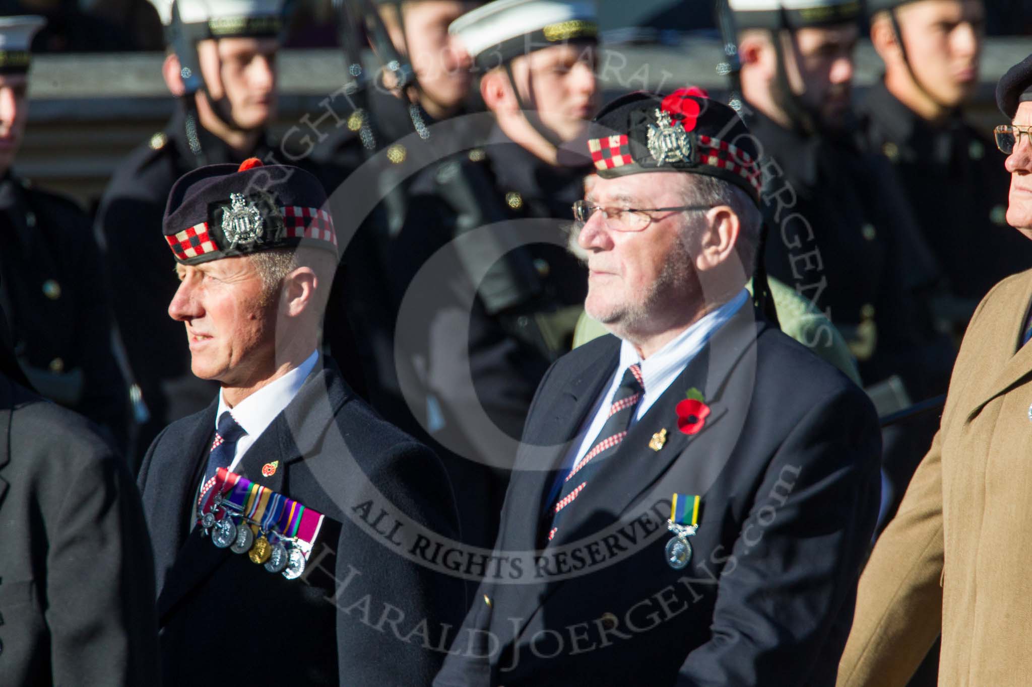 Remembrance Sunday at the Cenotaph in London 2014: Group A12 - King's Own Scottish Borderers.
Press stand opposite the Foreign Office building, Whitehall, London SW1,
London,
Greater London,
United Kingdom,
on 09 November 2014 at 12:02, image #1268