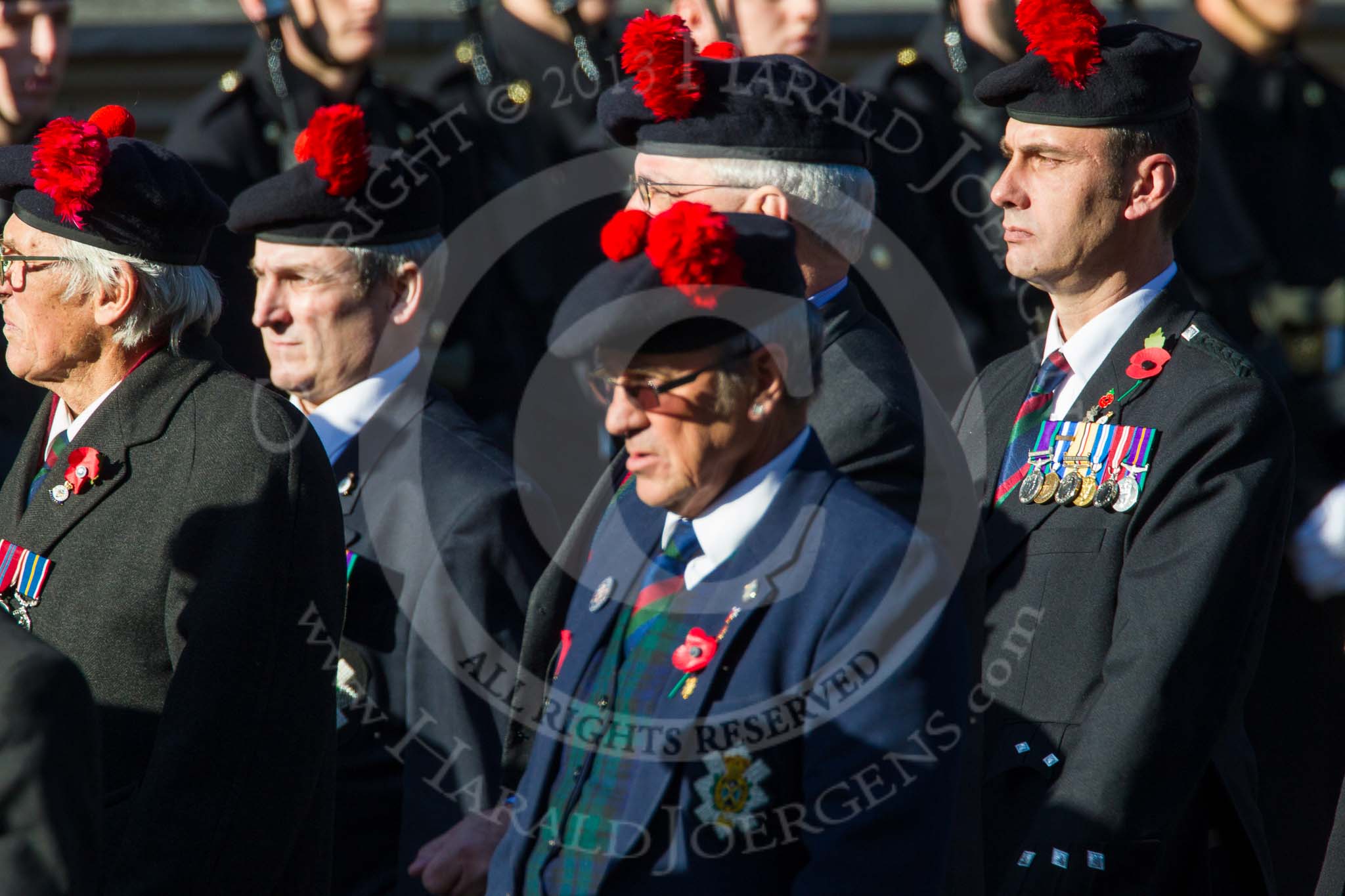 Remembrance Sunday at the Cenotaph in London 2014: Group A13 - Black Watch Association.
Press stand opposite the Foreign Office building, Whitehall, London SW1,
London,
Greater London,
United Kingdom,
on 09 November 2014 at 12:02, image #1276