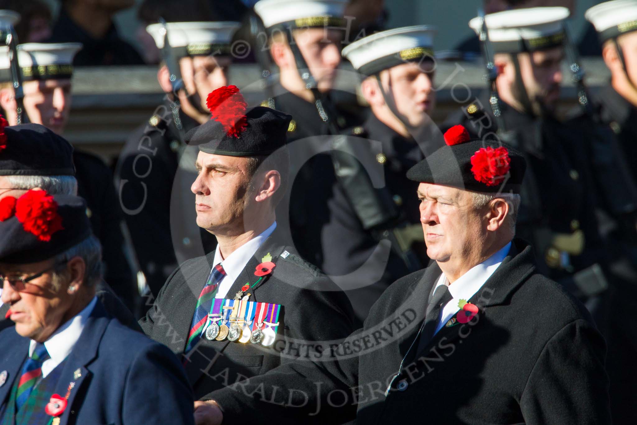 Remembrance Sunday at the Cenotaph in London 2014: Group A13 - Black Watch Association.
Press stand opposite the Foreign Office building, Whitehall, London SW1,
London,
Greater London,
United Kingdom,
on 09 November 2014 at 12:02, image #1277