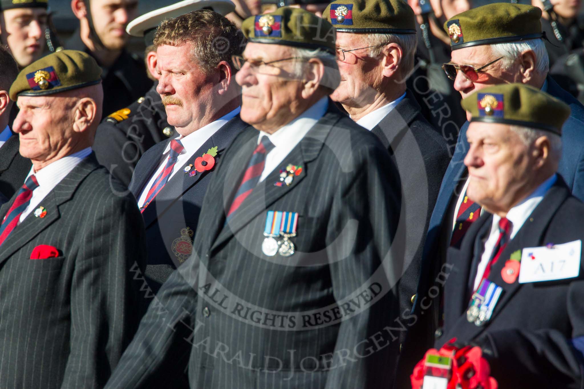 Remembrance Sunday at the Cenotaph in London 2014: Group A17 - Grenadier Guards Association.
Press stand opposite the Foreign Office building, Whitehall, London SW1,
London,
Greater London,
United Kingdom,
on 09 November 2014 at 12:03, image #1311