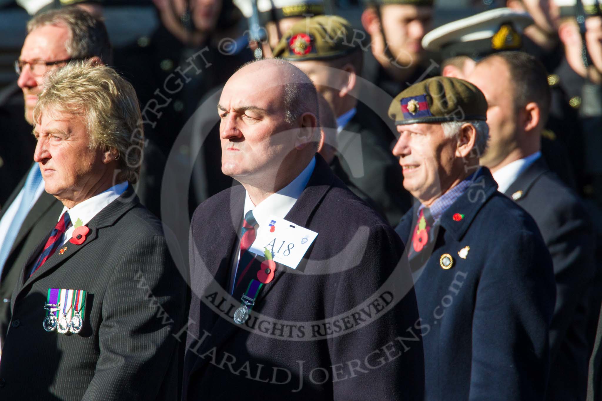 Remembrance Sunday at the Cenotaph in London 2014: Group A18 - Coldstream Guards Association.
Press stand opposite the Foreign Office building, Whitehall, London SW1,
London,
Greater London,
United Kingdom,
on 09 November 2014 at 12:03, image #1316