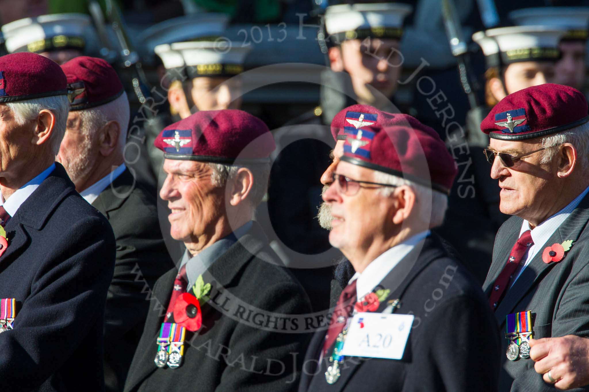 Remembrance Sunday at the Cenotaph in London 2014: Group A20 - Guards Parachute Association.
Press stand opposite the Foreign Office building, Whitehall, London SW1,
London,
Greater London,
United Kingdom,
on 09 November 2014 at 12:04, image #1336
