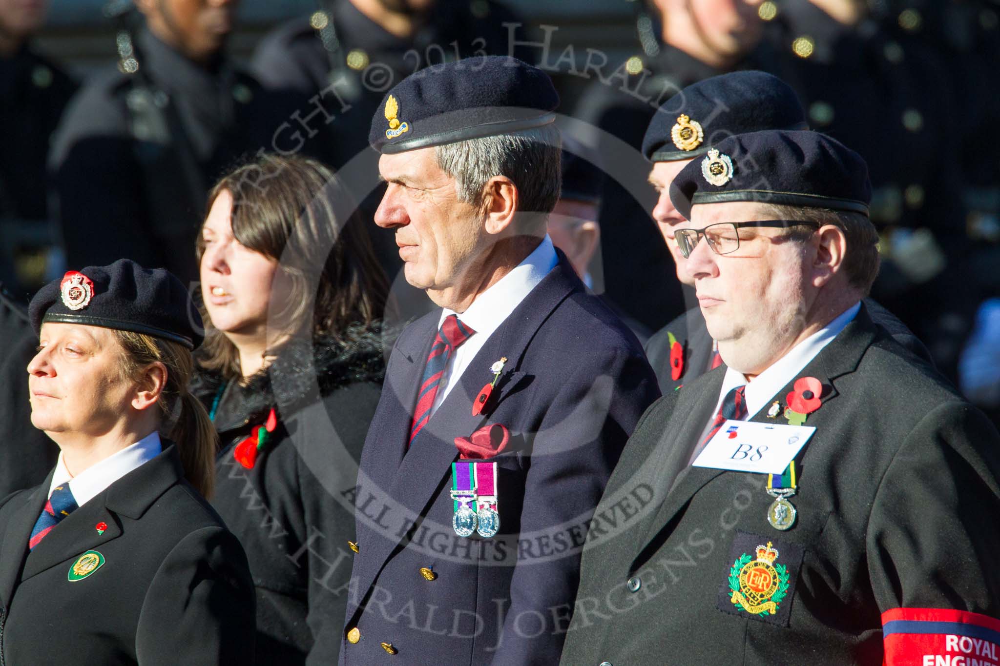 Remembrance Sunday at the Cenotaph in London 2014: Group B8 - Royal Engineers Association.
Press stand opposite the Foreign Office building, Whitehall, London SW1,
London,
Greater London,
United Kingdom,
on 09 November 2014 at 12:07, image #1559