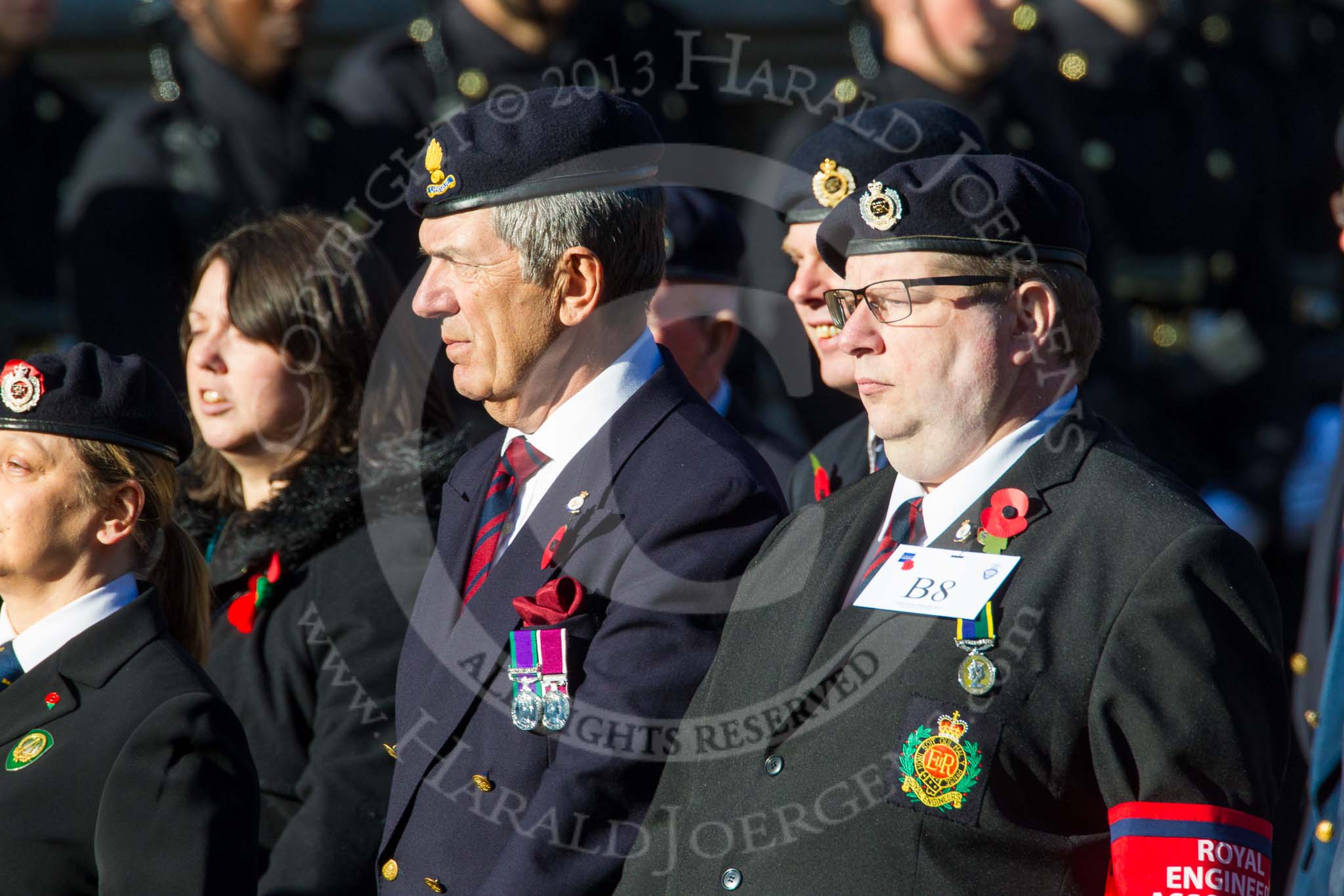 Remembrance Sunday at the Cenotaph in London 2014: Group B8 - Royal Engineers Association.
Press stand opposite the Foreign Office building, Whitehall, London SW1,
London,
Greater London,
United Kingdom,
on 09 November 2014 at 12:07, image #1560