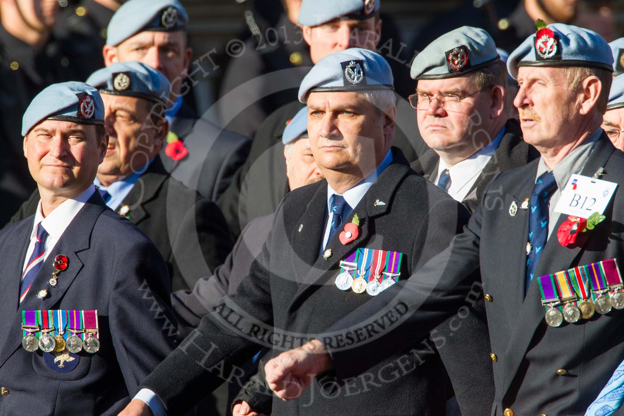 Remembrance Sunday at the Cenotaph in London 2014: Group B12 - Army Air Corps Association.
Press stand opposite the Foreign Office building, Whitehall, London SW1,
London,
Greater London,
United Kingdom,
on 09 November 2014 at 12:09, image #1627